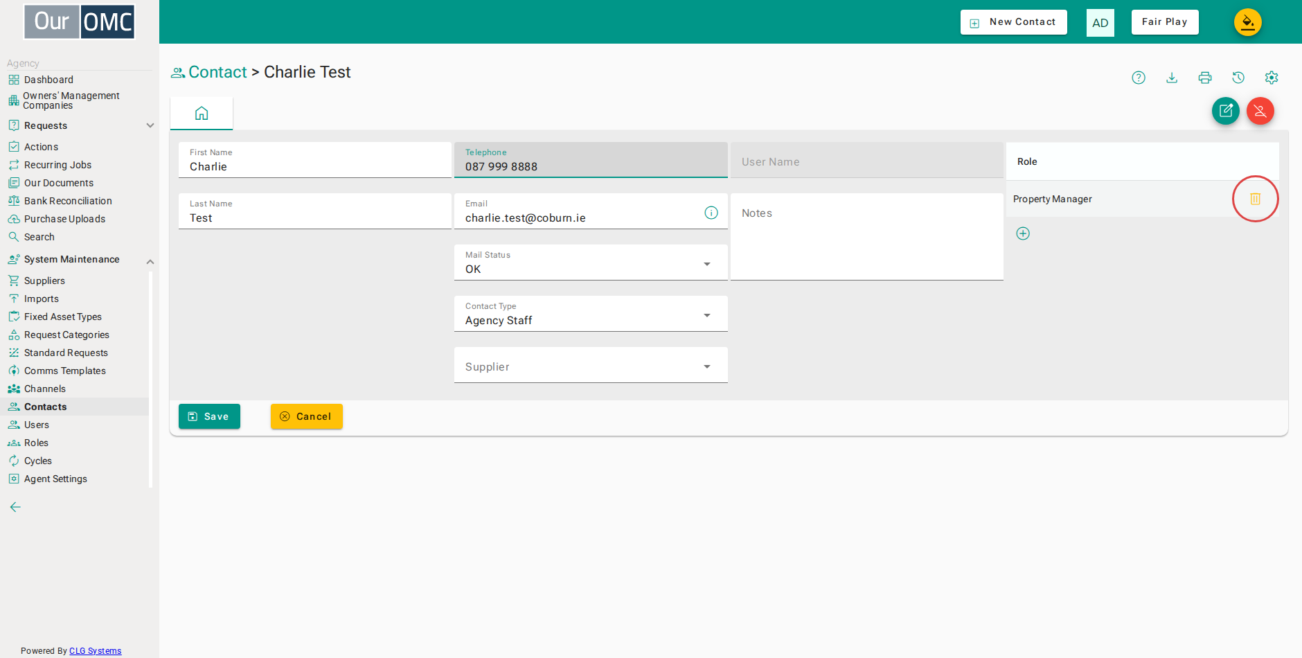 Click the delete button to remove the existing Property Manager role
