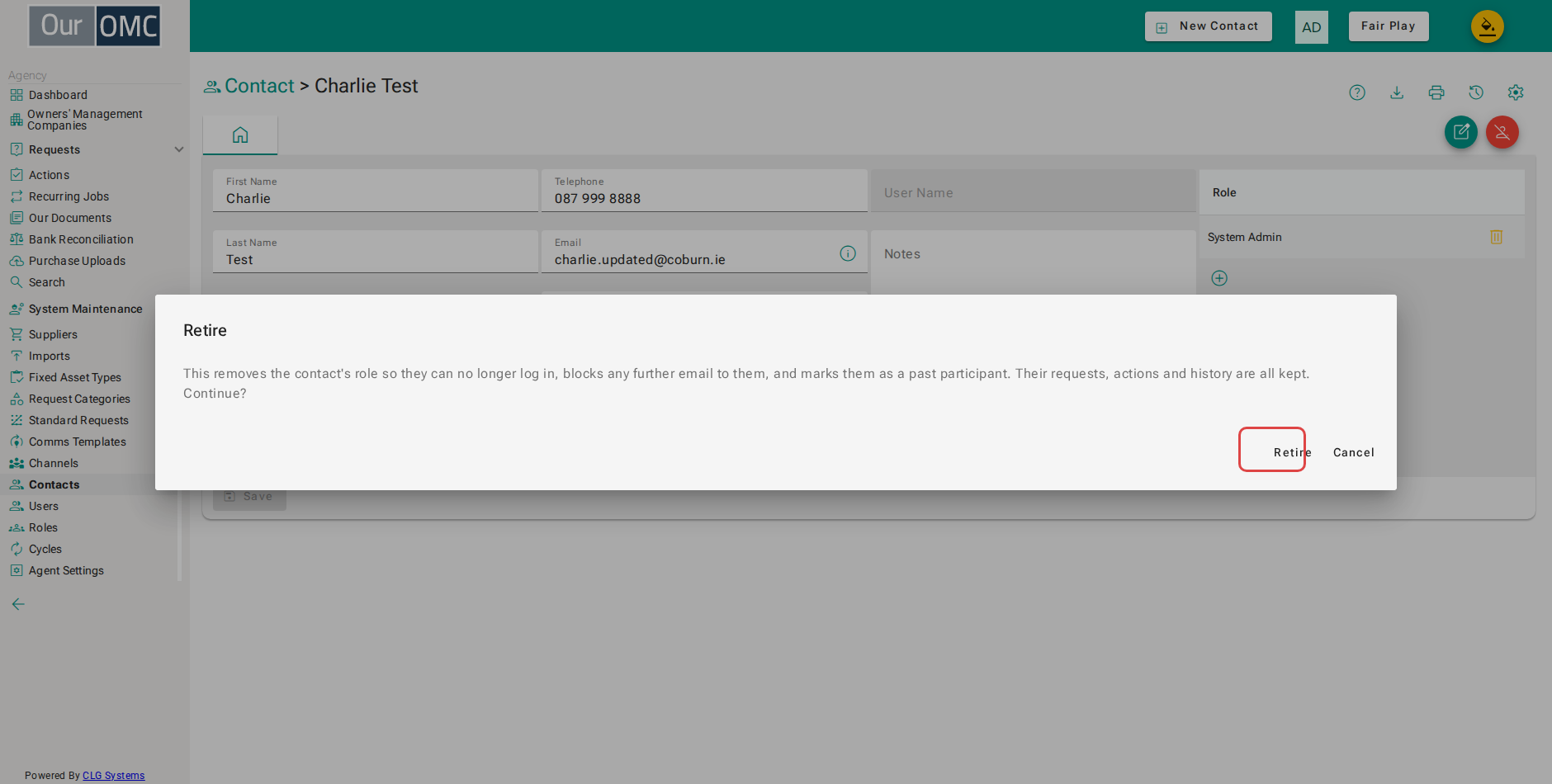Confirm the retirement — the role is removed, further email is blocked, and the contact is marked as a past participant