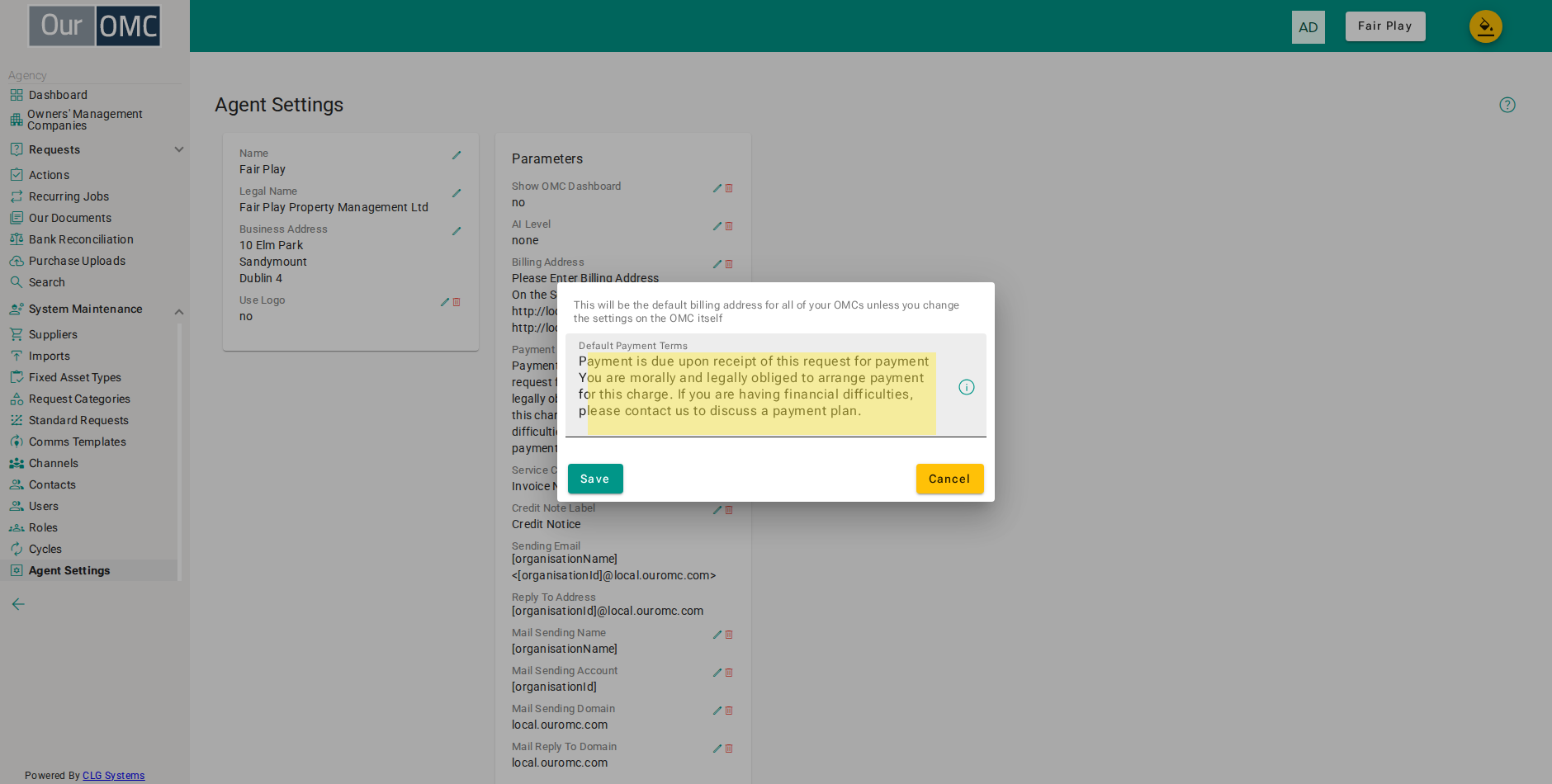 Enter the default payment terms