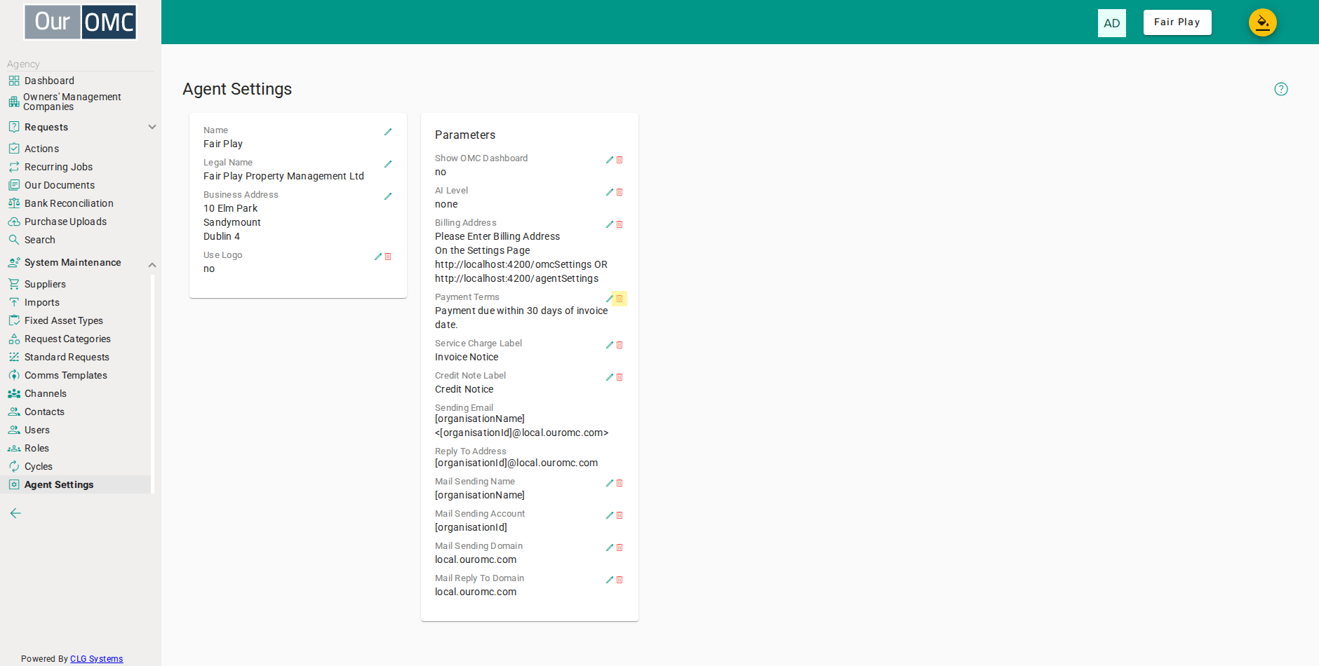 To revert to the default, click the bin icon next to Payment Terms