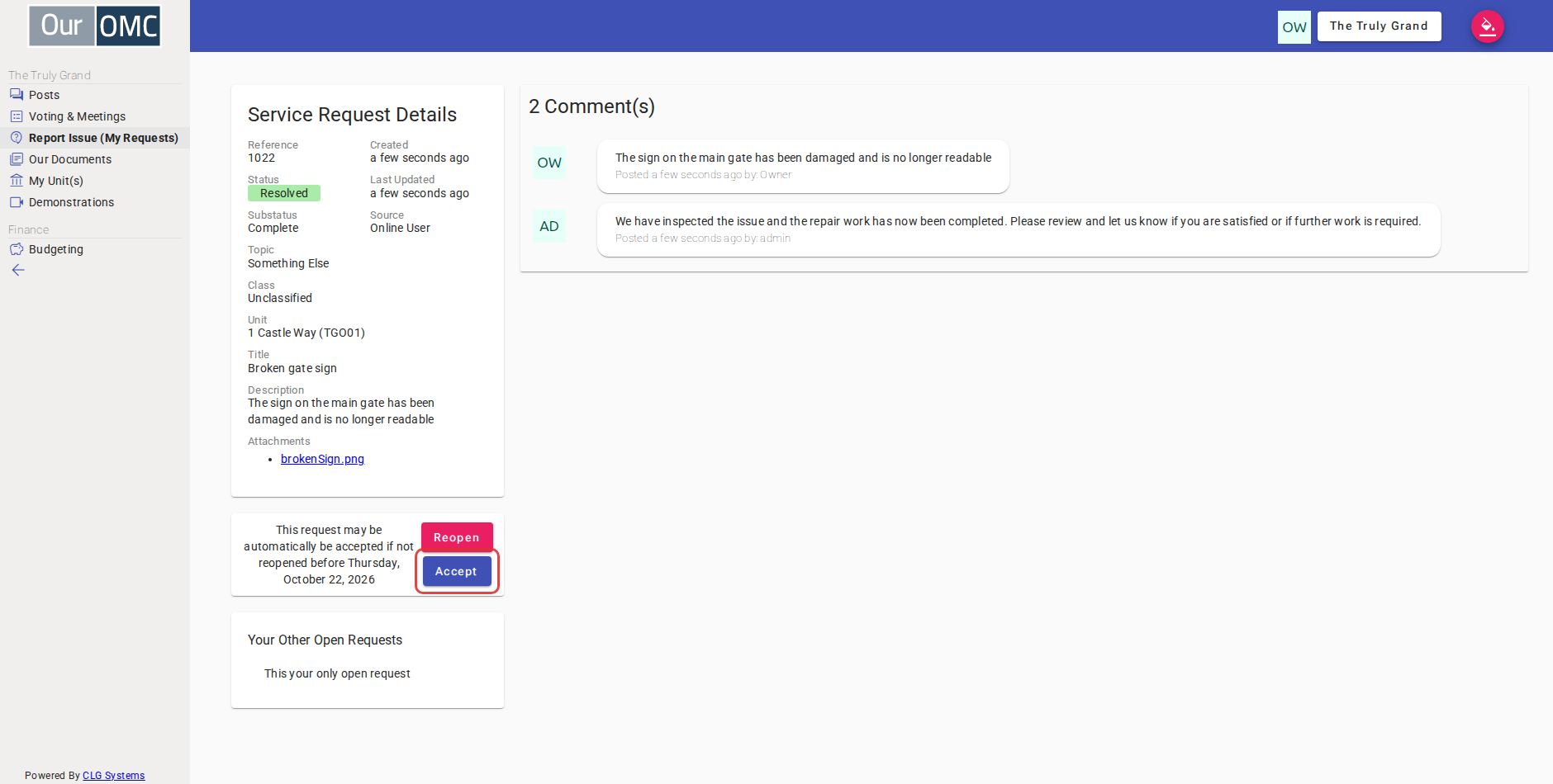 Click Accept to confirm the work is complete and close the request