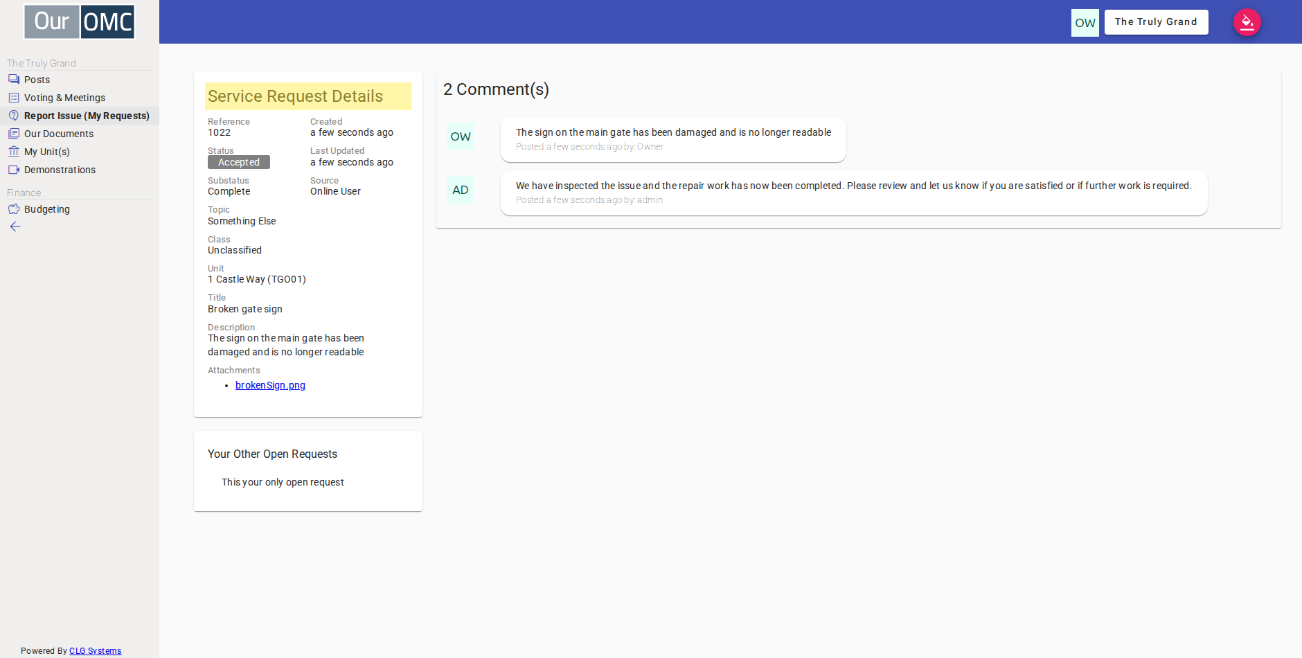 The request has been accepted and is now closed — it will move to the Closed Requests tab and can no longer be reopened