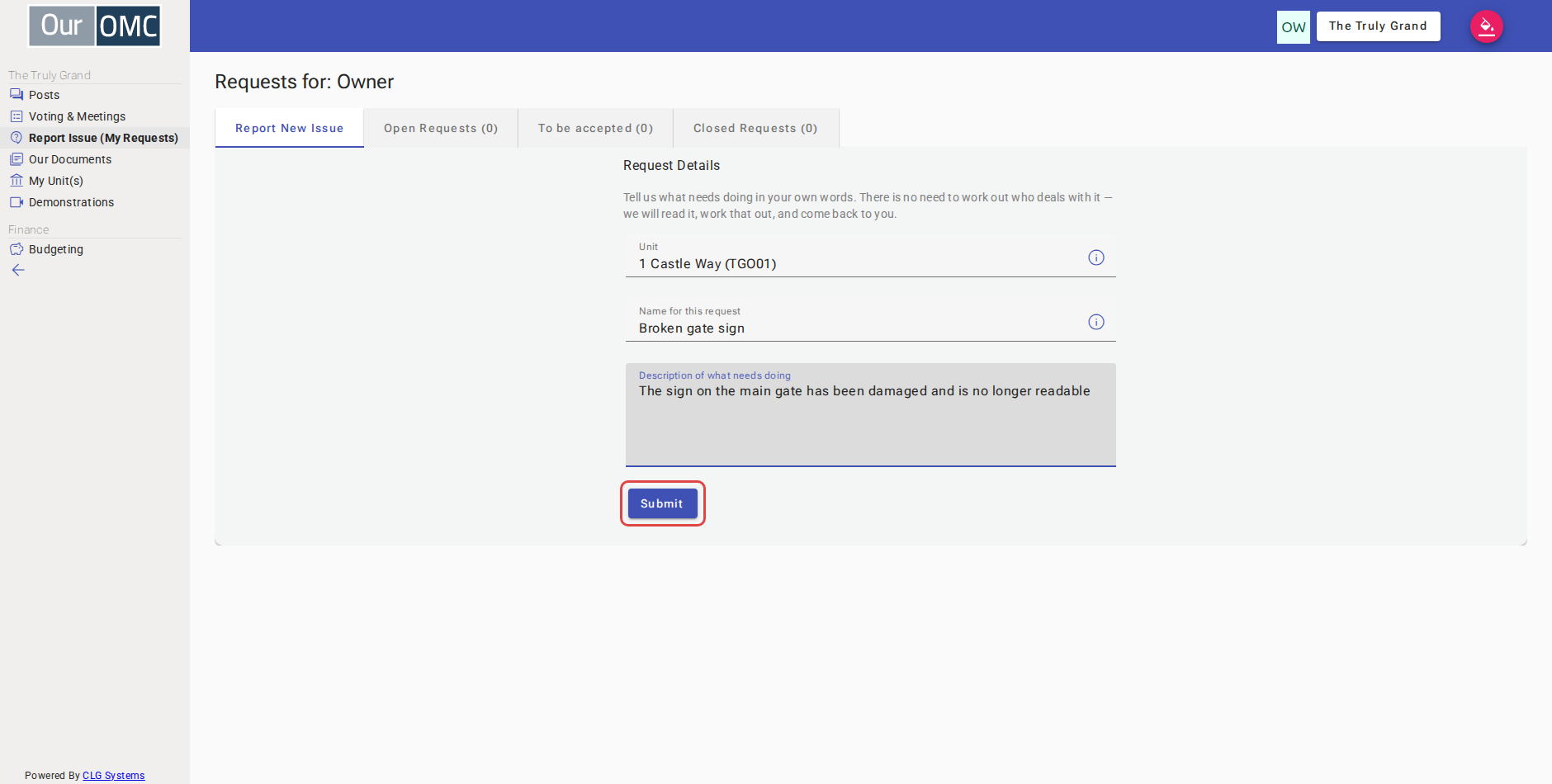 Click Submit to send the request to the management team