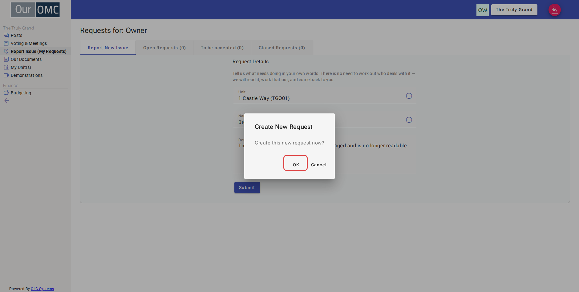 Confirm creating the request