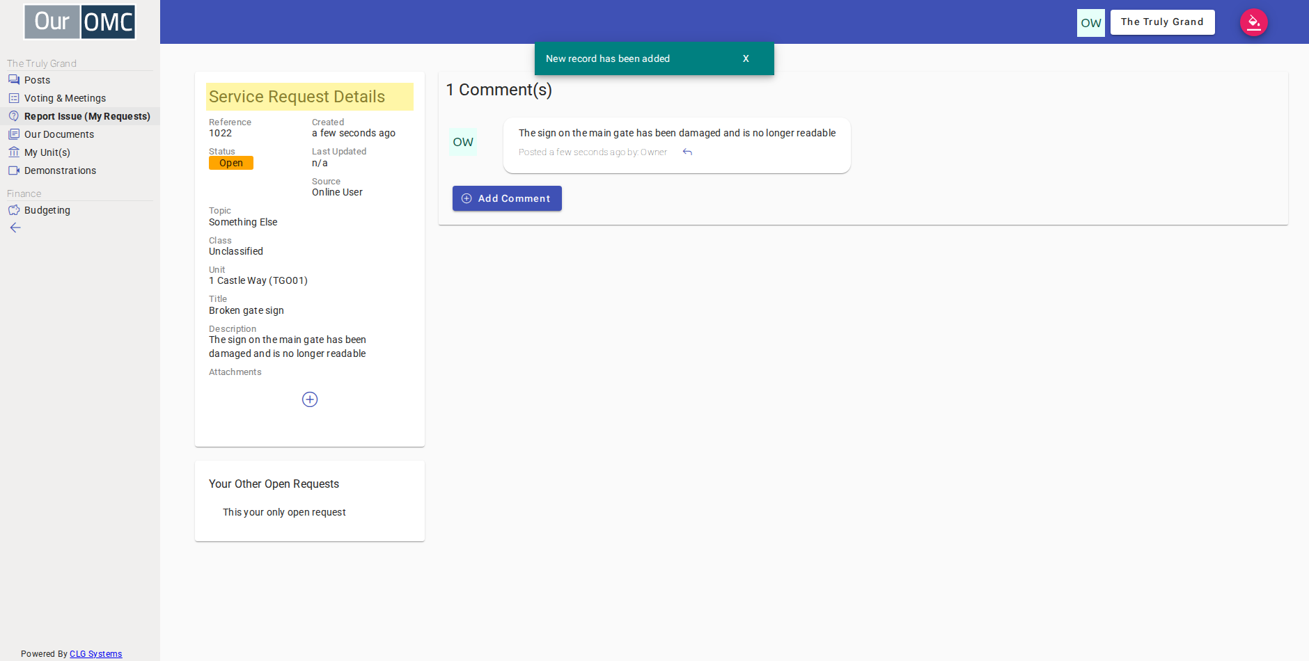 The request has been submitted — the owner can track its status, add comments, and attach photos from this page