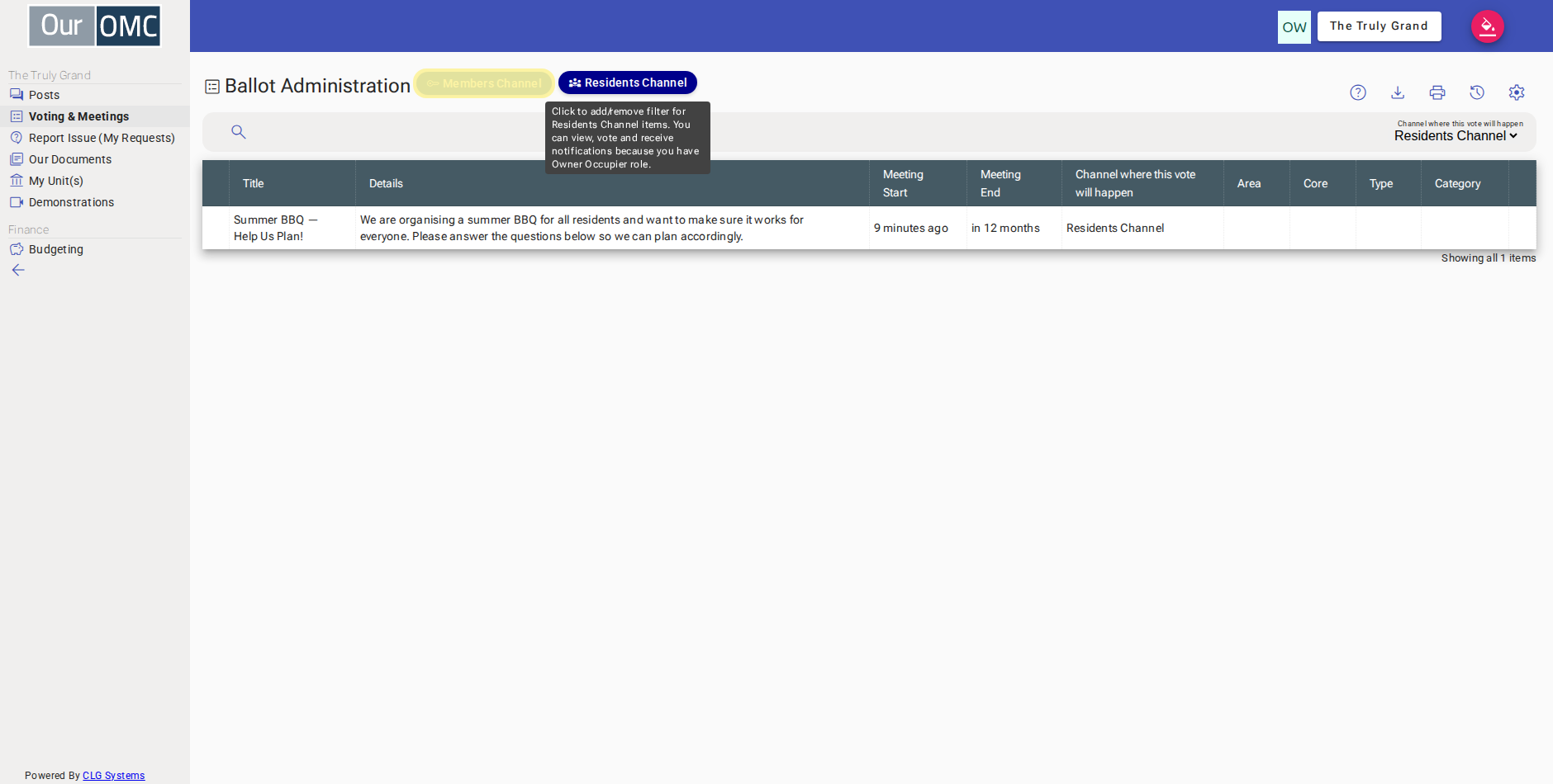The residents' survey is shown — clicking Members Channel to switch to the AGM ballot