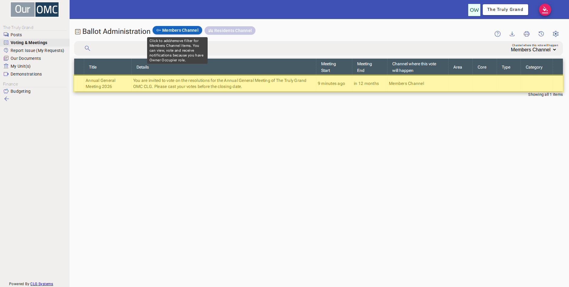The AGM ballot is shown in the Members Channel — click to view the questions and cast a vote