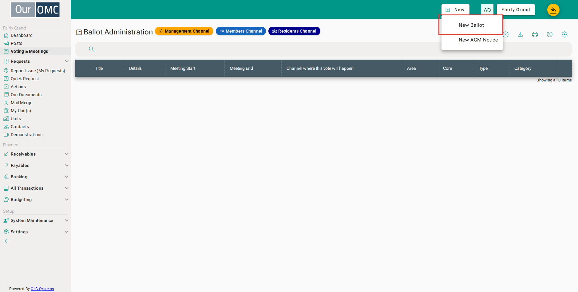 Select [New Ballot] from the new options menu
