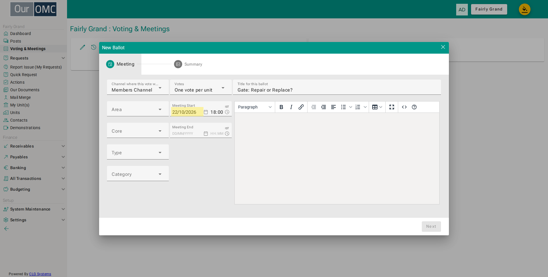 Set the meeting start — included in the notification email