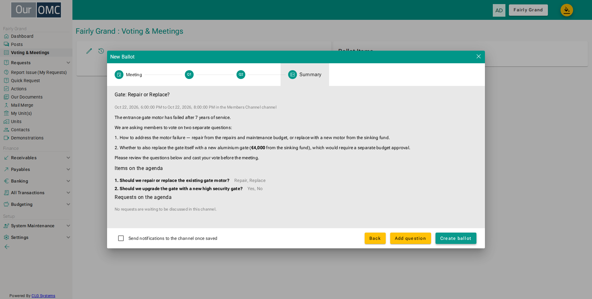 Click the create ballot button to save the ballot and its questions