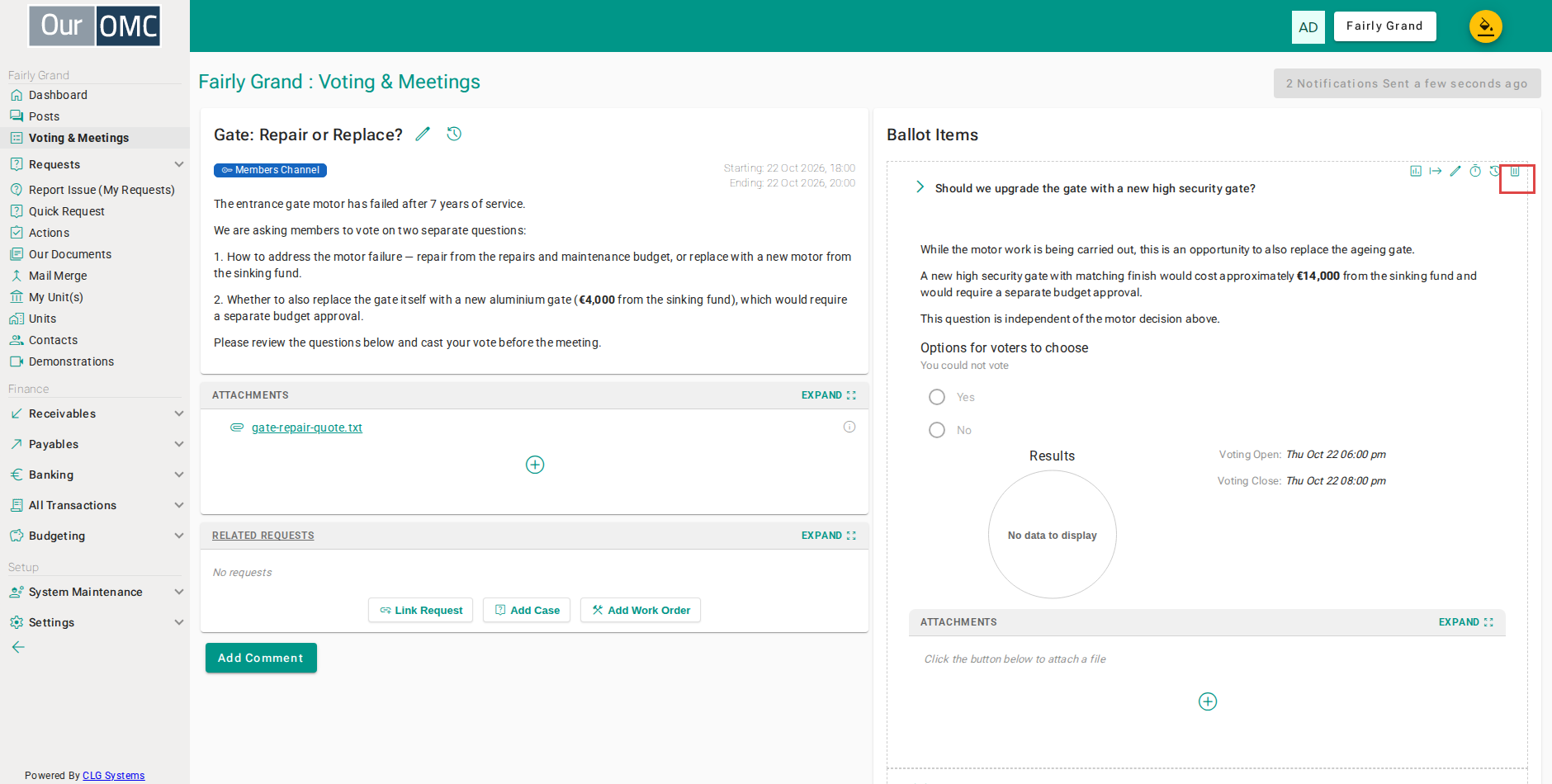 Delete the second question — removes the question, its options, attachments and votes