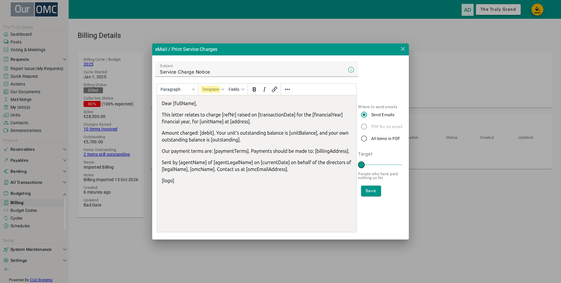 Choose the Detailed Invoice Notice template, which already has every available placeholder filled in