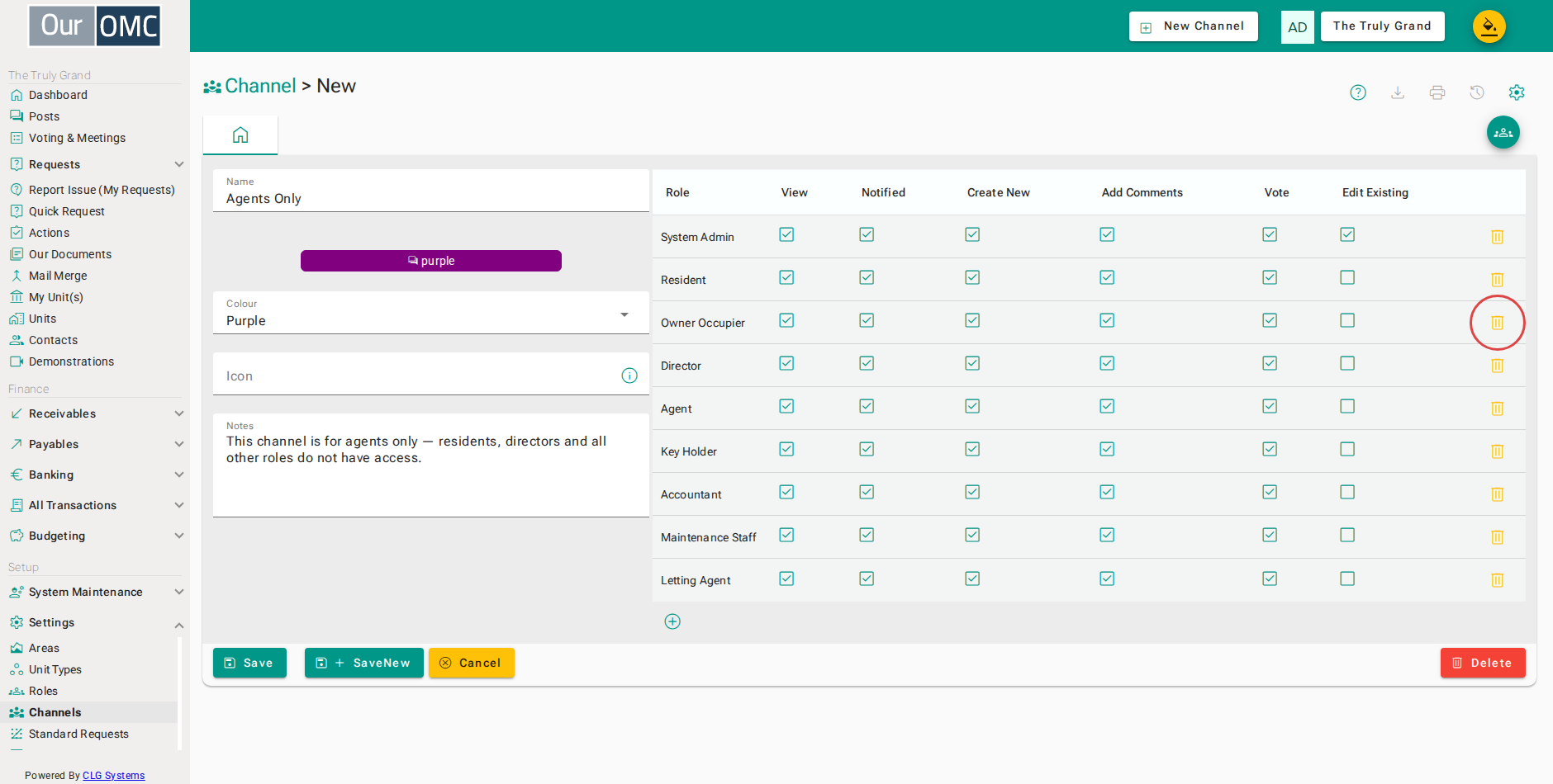 Click the delete button to remove the Owner Occupier role from the channel