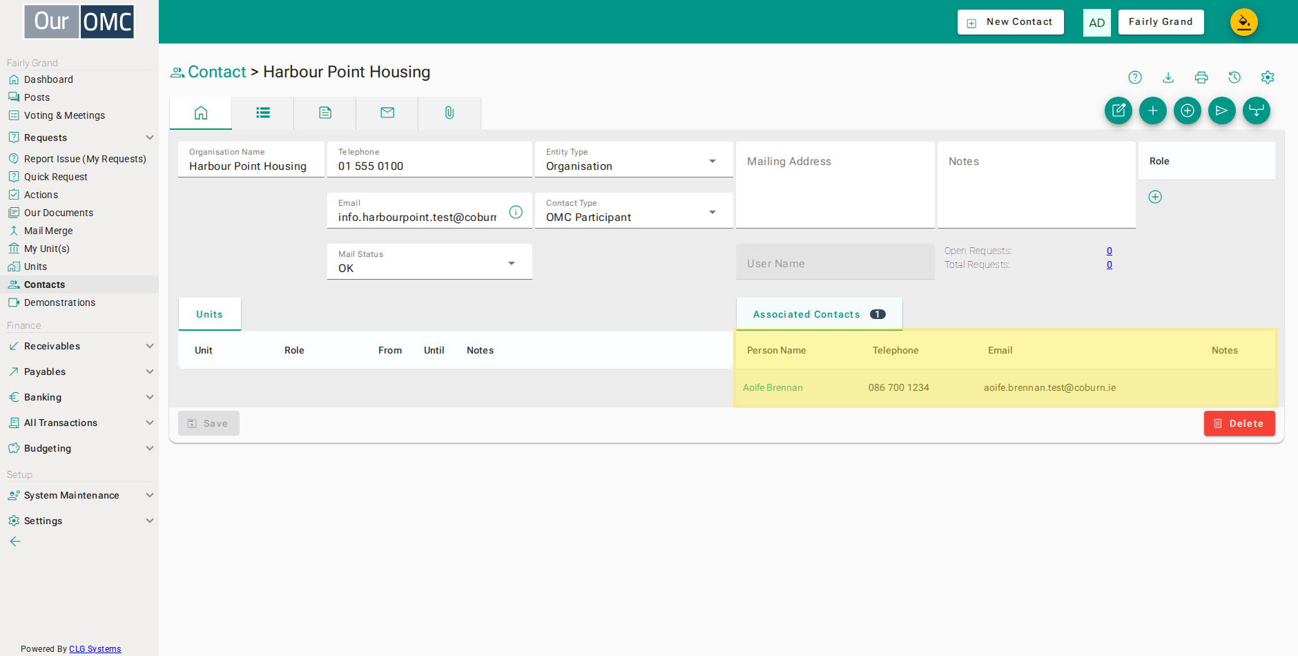 The new contact is listed against the organisation, with access to all of its units and requests