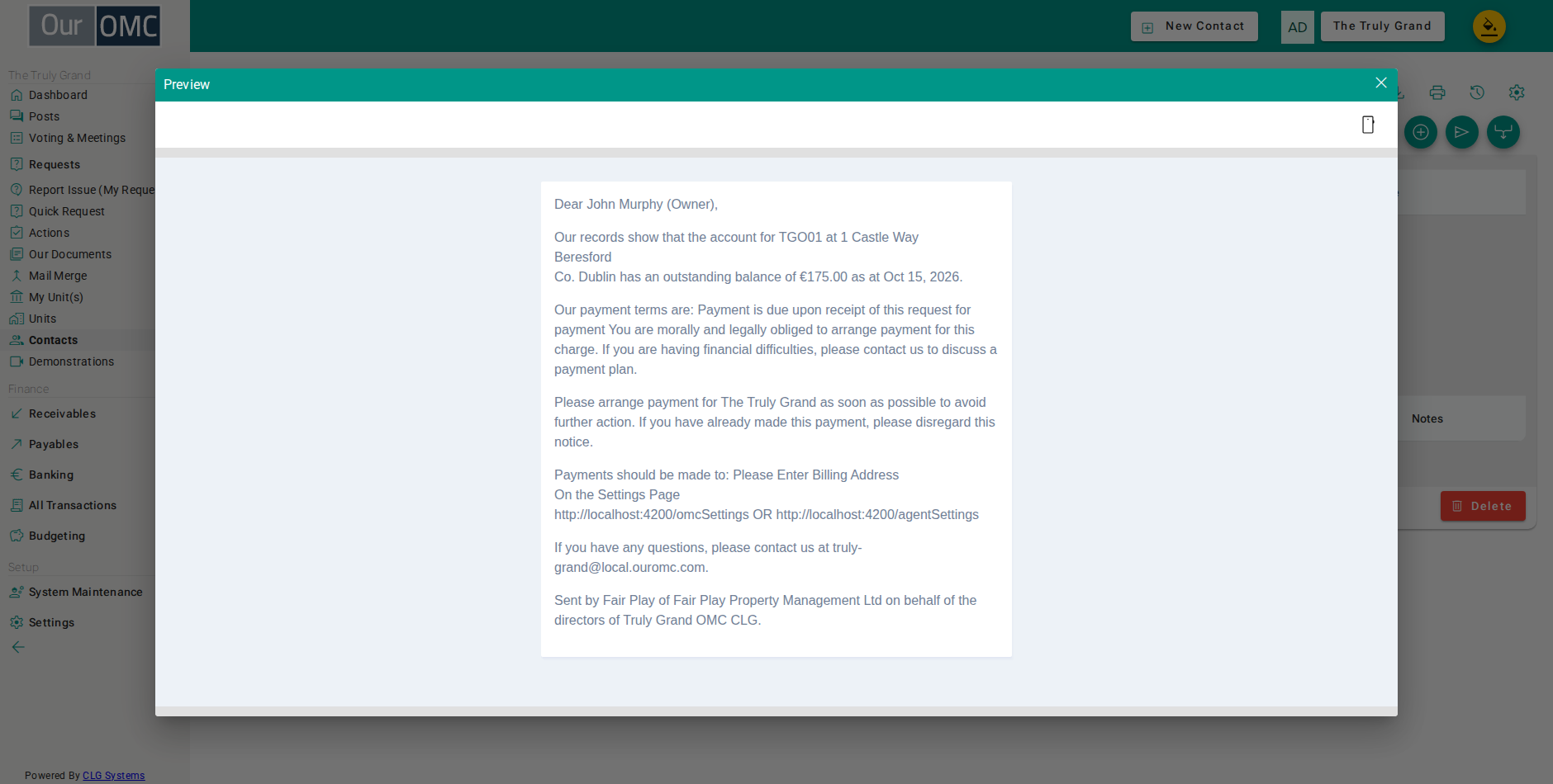 The preview shows the letter exactly as it would be produced, merged with this contact's own details