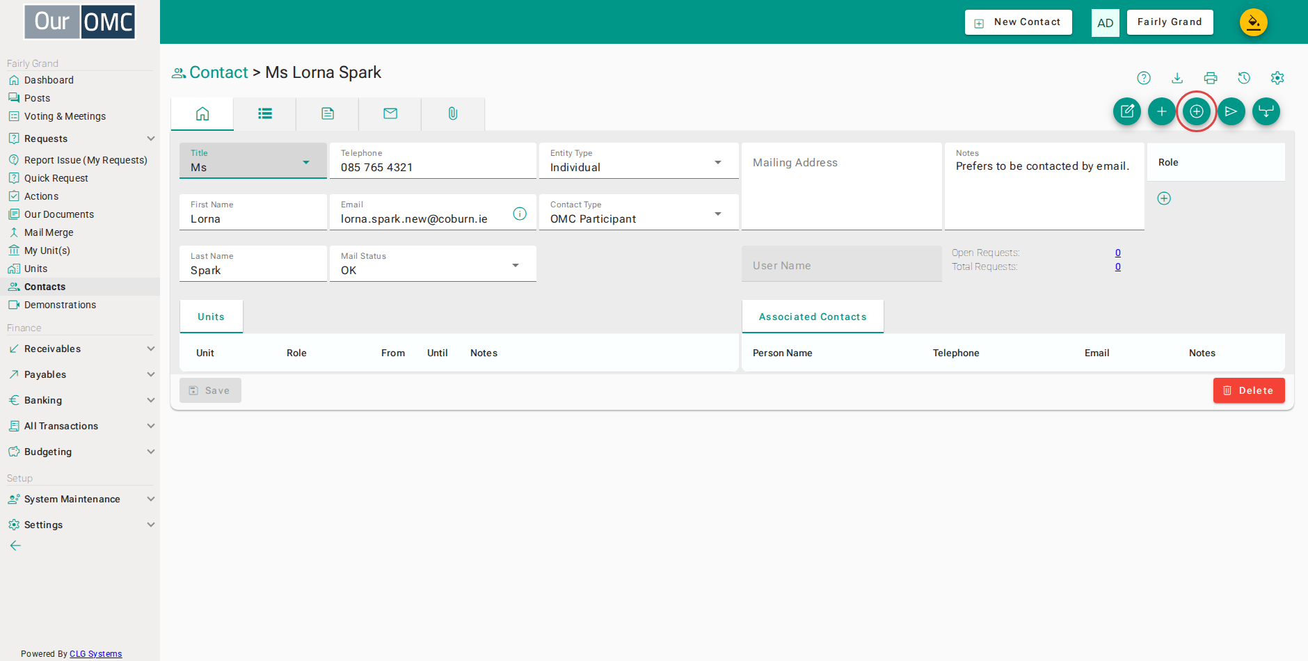 Click Create Request to raise a service request for this contact