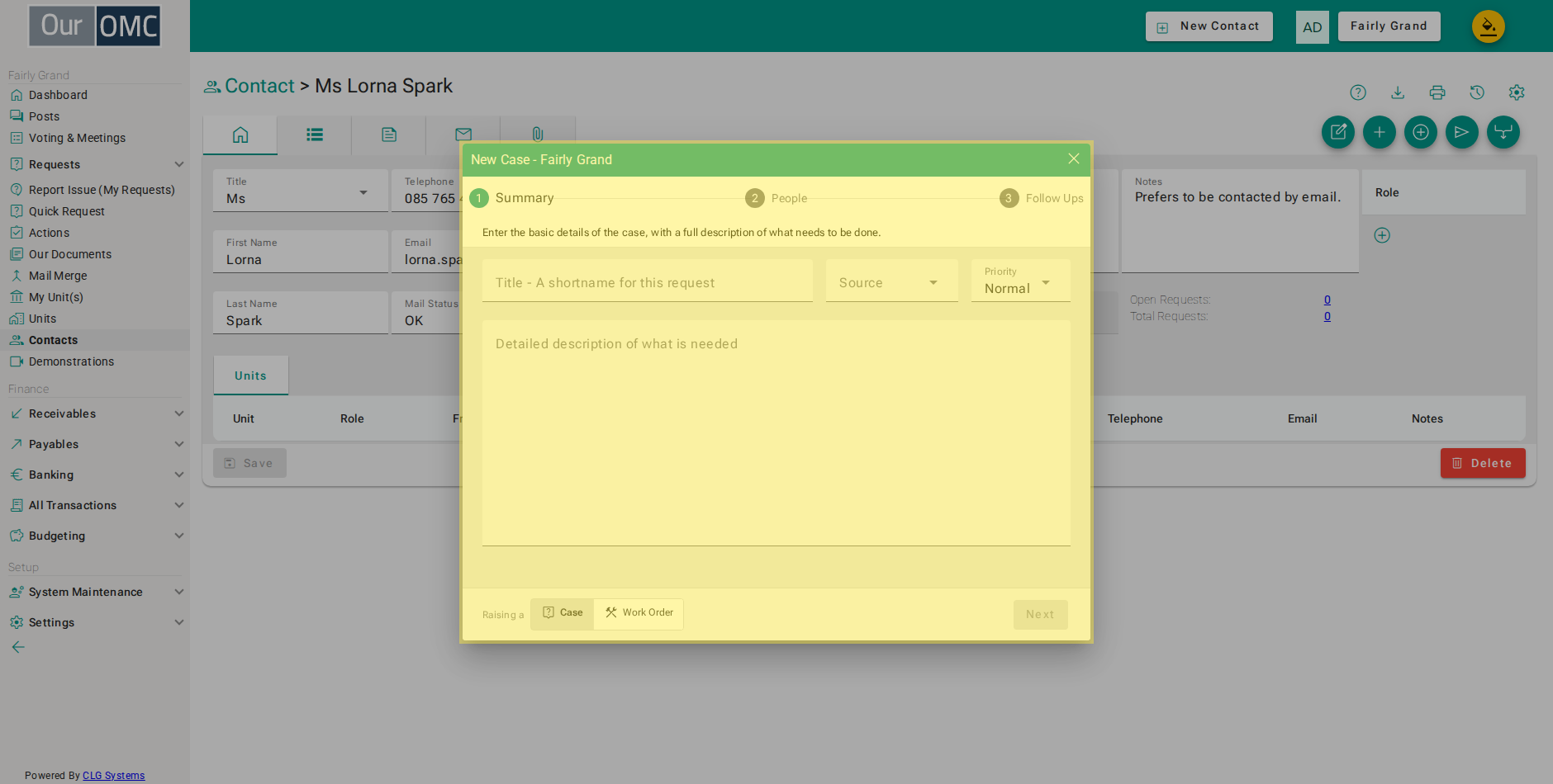 The stepper opens on the summary, ready for the issue to be described