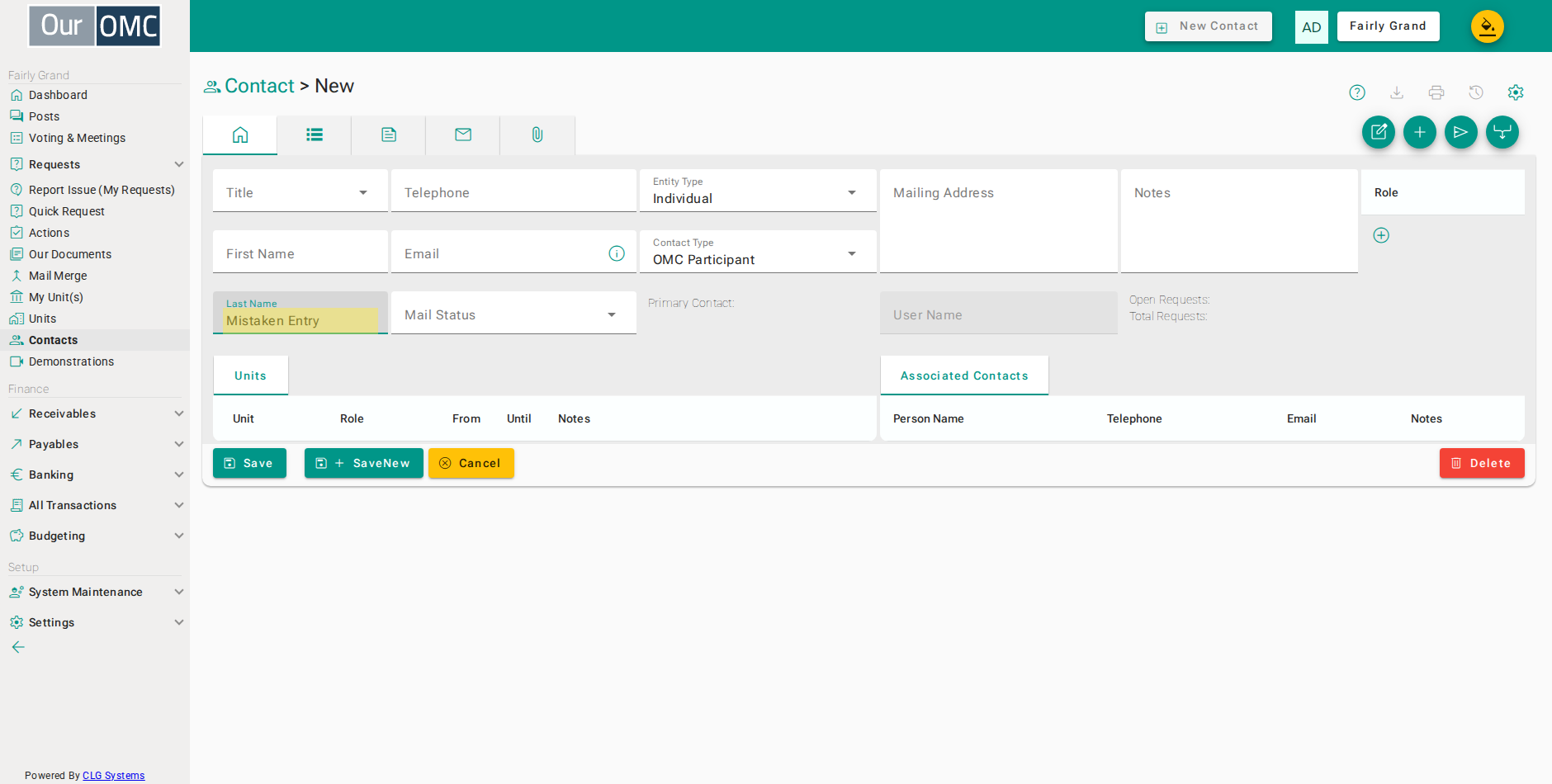Create a contact in error — it has no history, so it can still be deleted