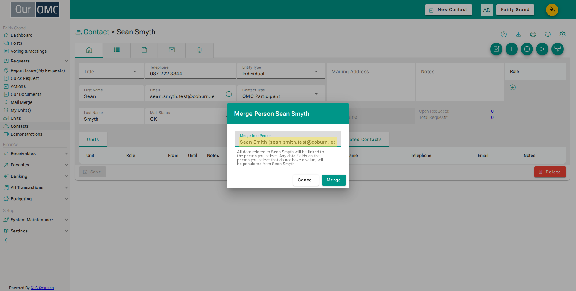 Choose the contact to keep — all related data will be moved onto this record