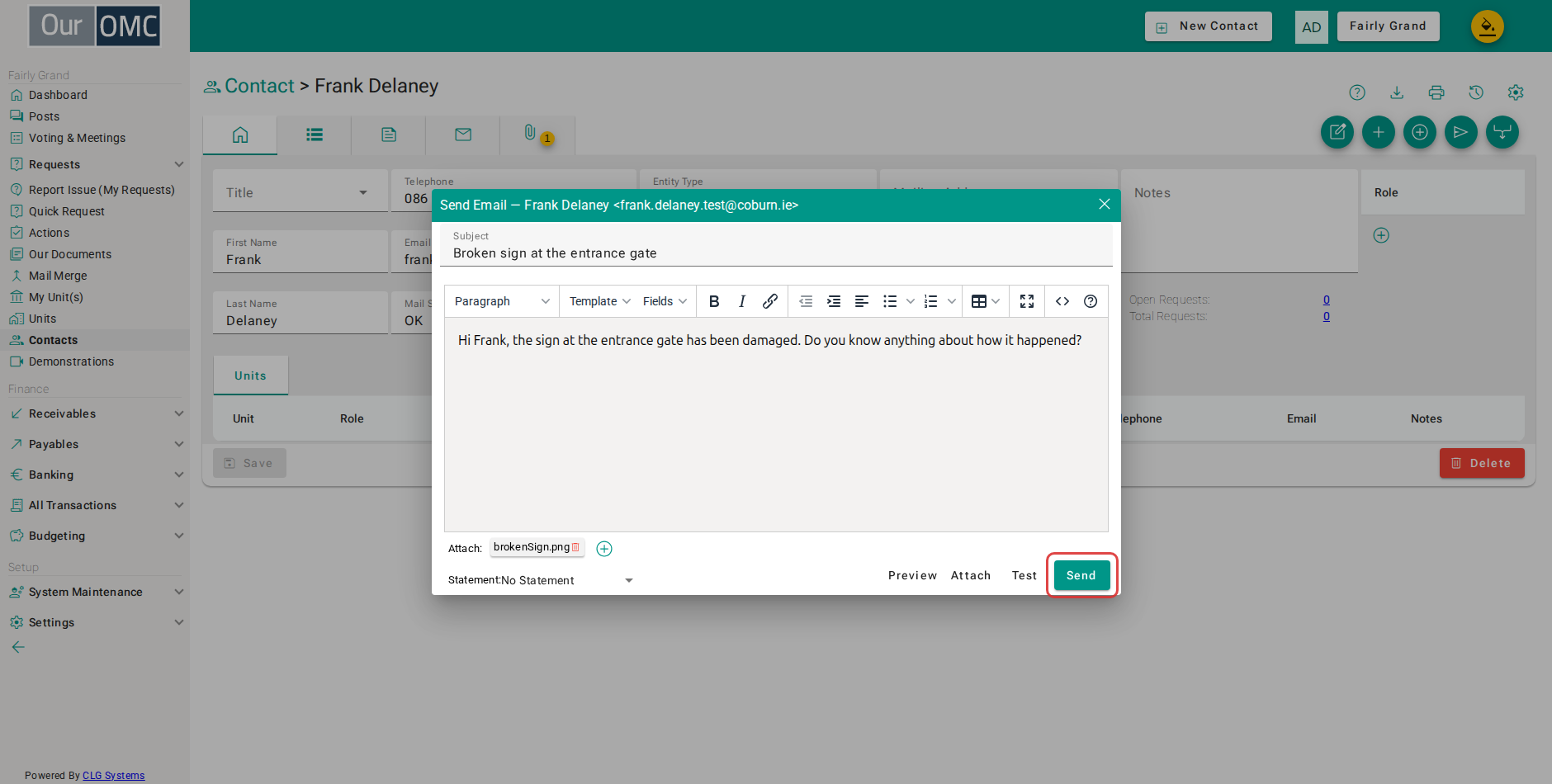 Click Send to email the contact