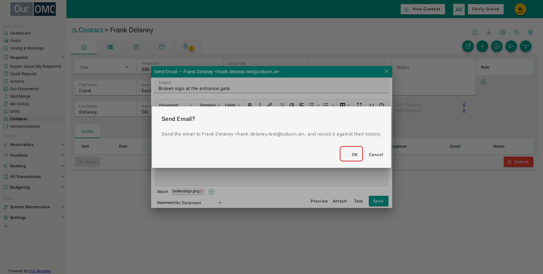 Confirm sending the email — the mail is queued and delivered in the background