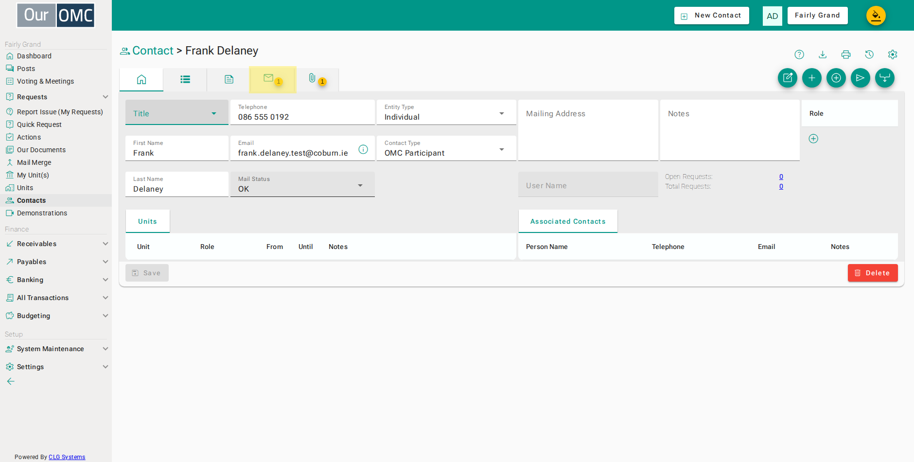 Open the Mailings tab — every email sent to the contact is logged here