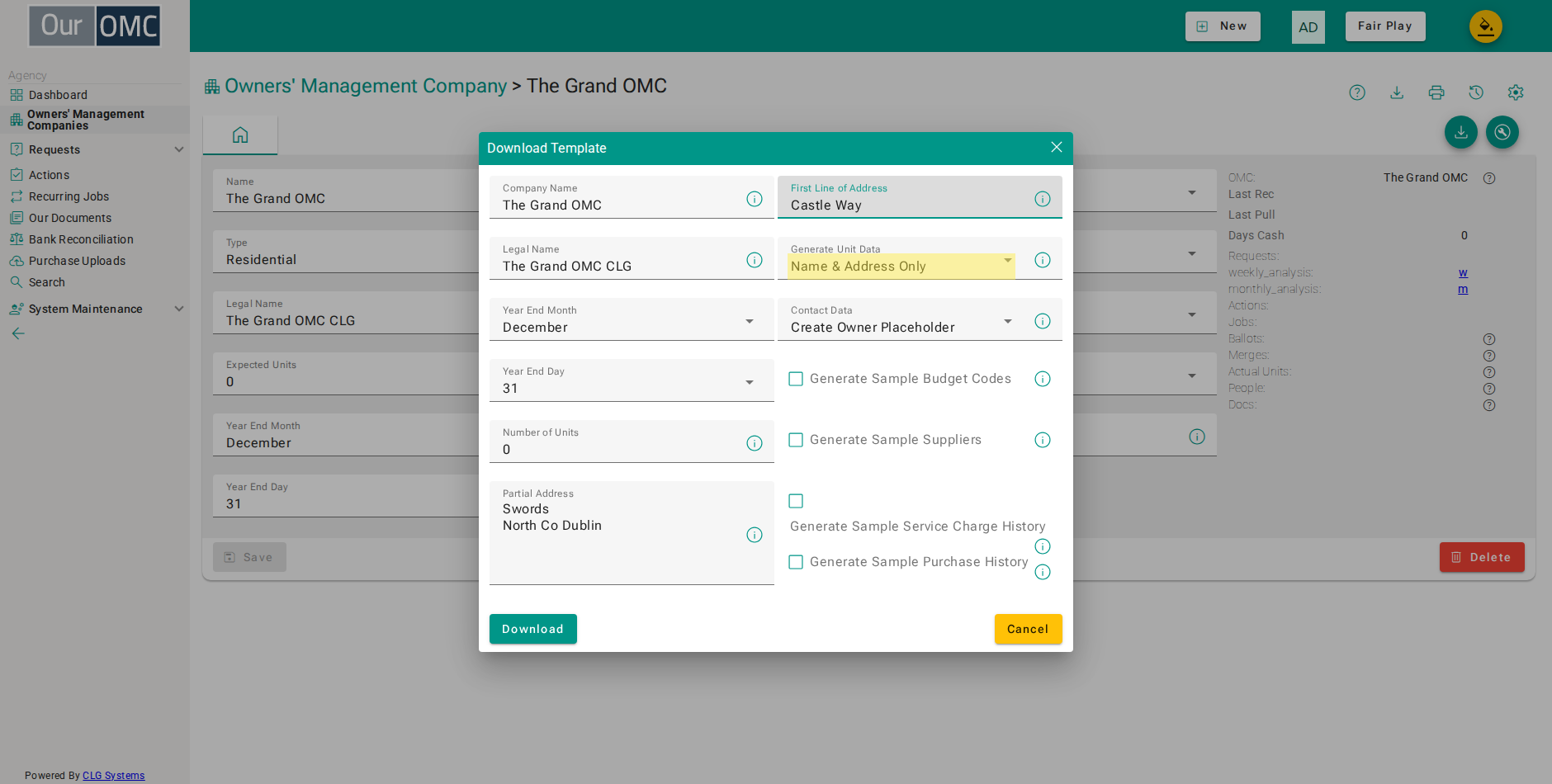 Select Full Samples to generate unit data with addresses, type, size, bedrooms, floor and car park data