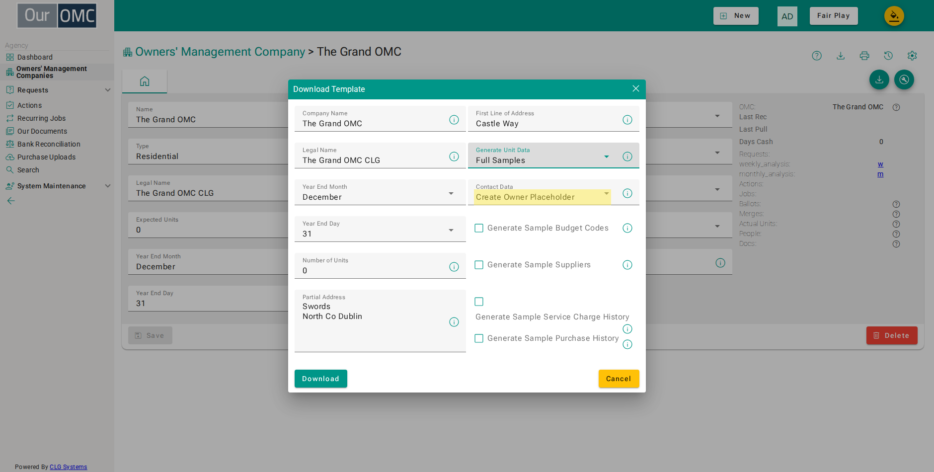 Select Full Samples to generate realistic owner contacts for the first 10 units