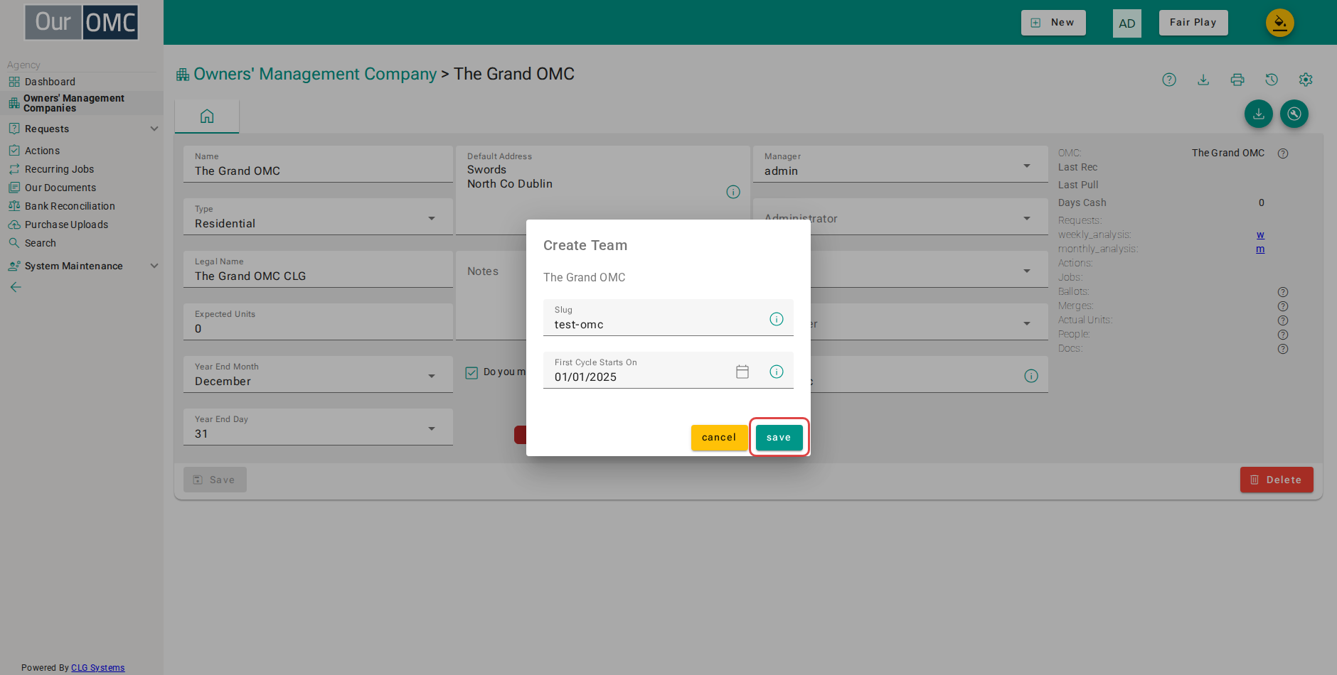 Click on the save button to create the team and complete setup