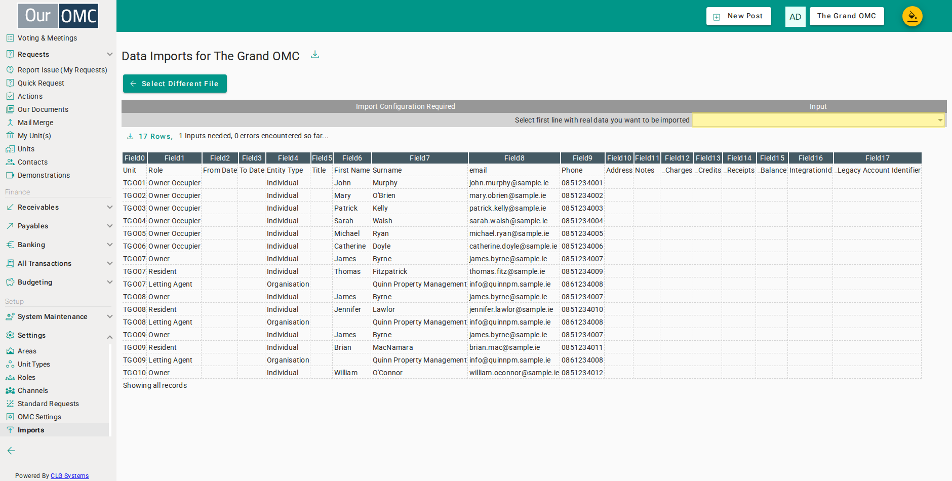 Select row 2 as the first data row — row 1 is the header used for column auto-mapping