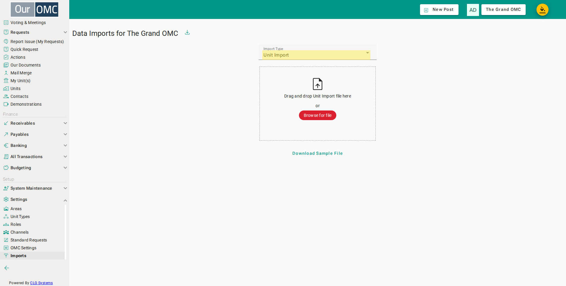 Select Unit Import to load units from the CSV extracted from the Excel template