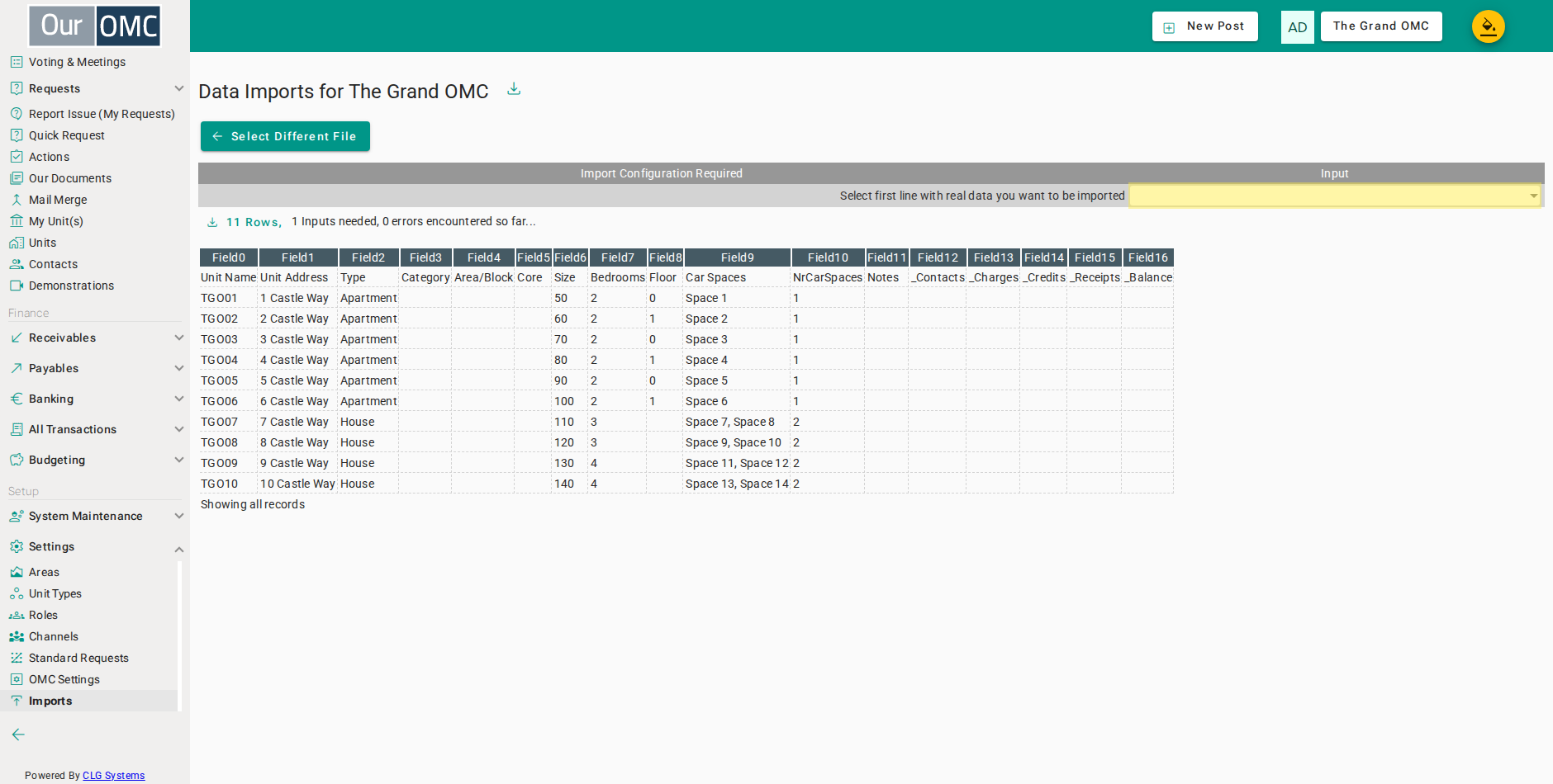 Select row 2 as the first data row — row 1 is the header used for column auto-mapping