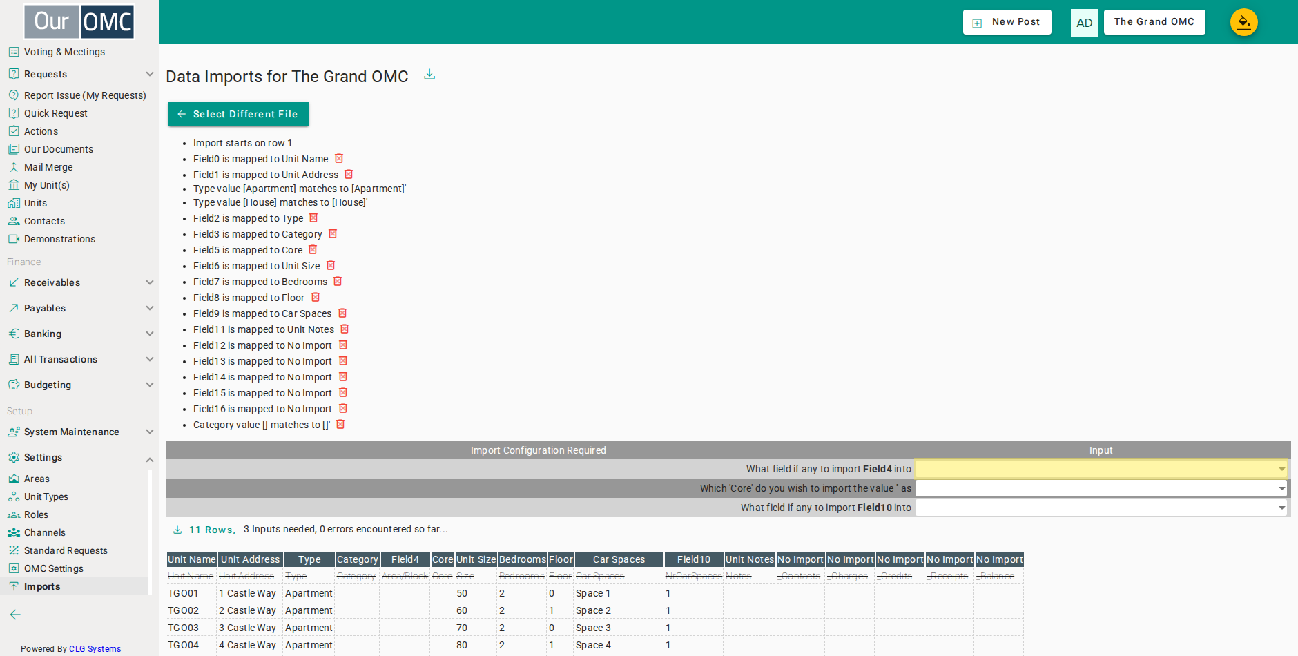 Skip the Area/Block column — areas can be assigned to units after import