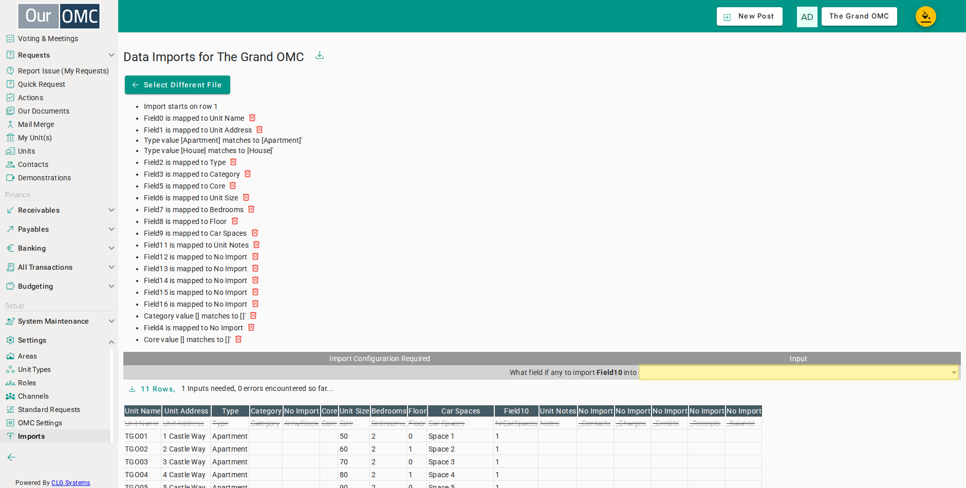 Skip the NrCarSpaces column — car space counts can be updated after import