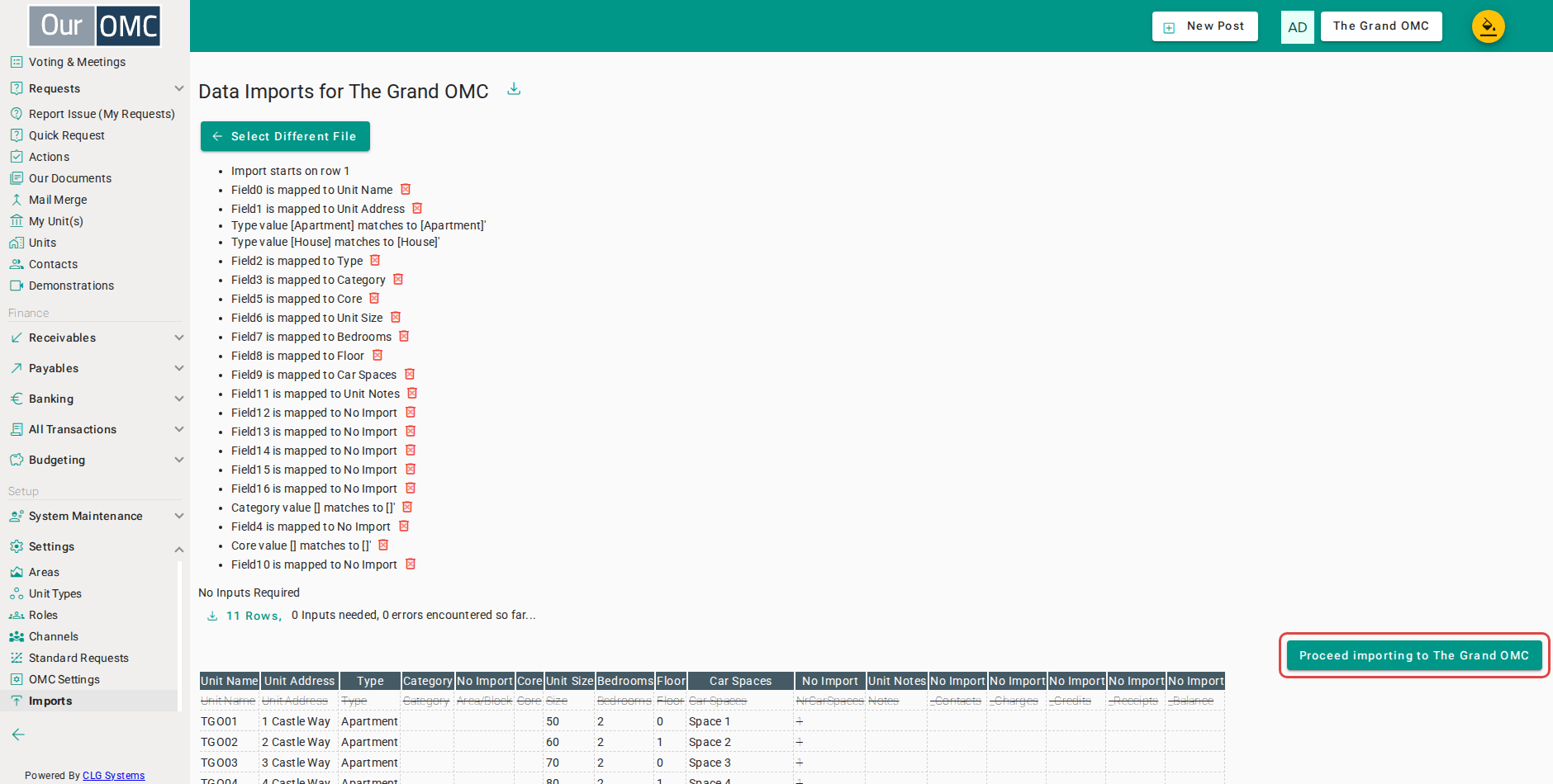 Click Proceed to validate all mappings and submit the unit import to the server