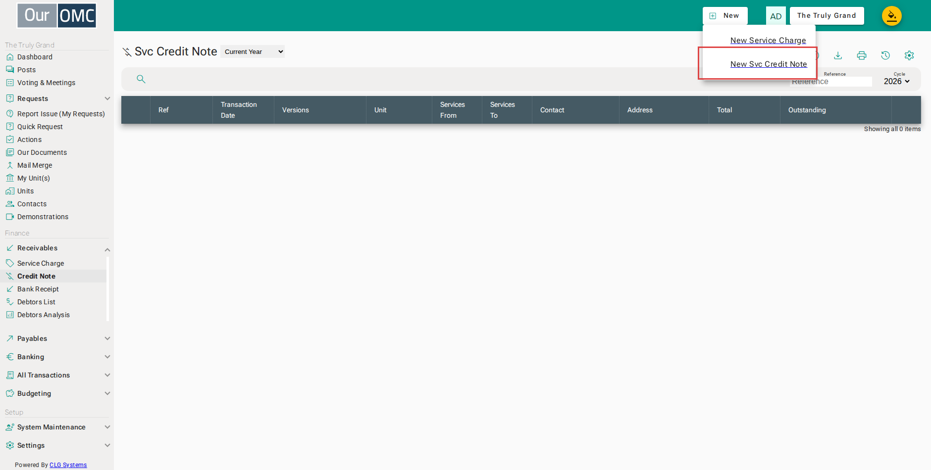 Select [New Svc Credit Note] from the new options menu