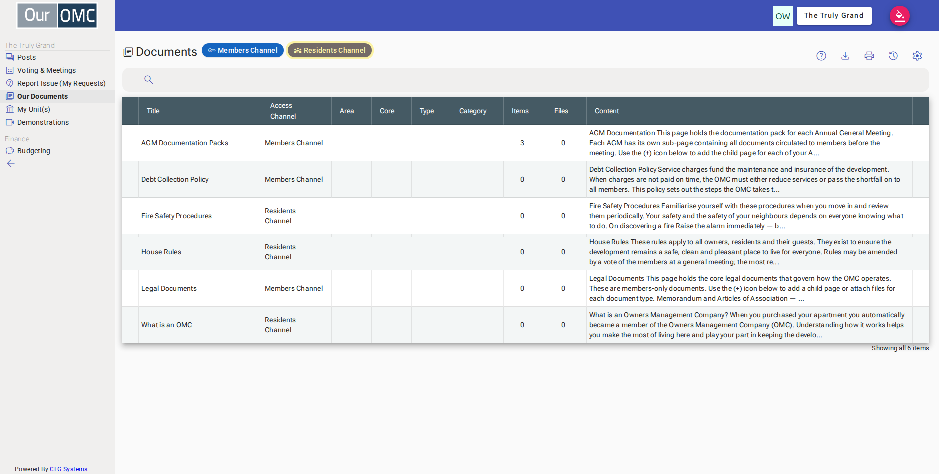 The owner can see all 8 documents across the public, residents and members channels — clicking Residents Channel to filter to residents' documents