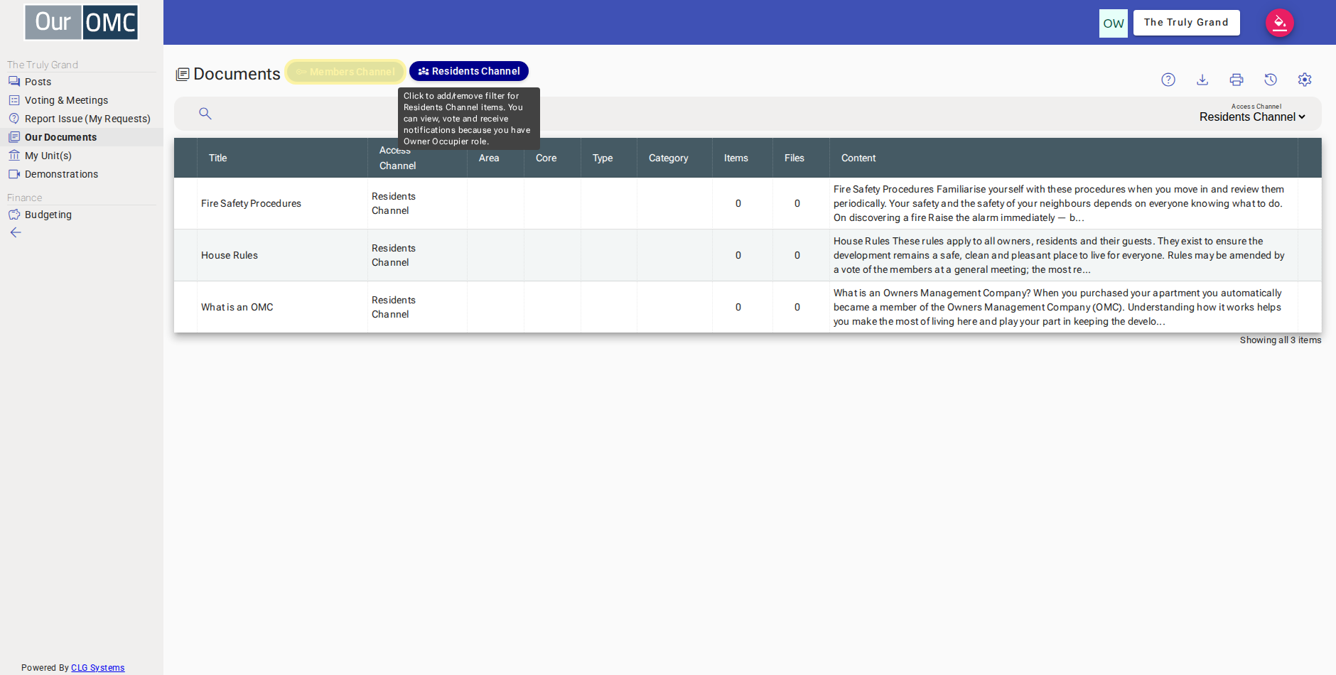 3 Residents Channel documents are shown — clicking Members Channel switches the filter to members' documents
