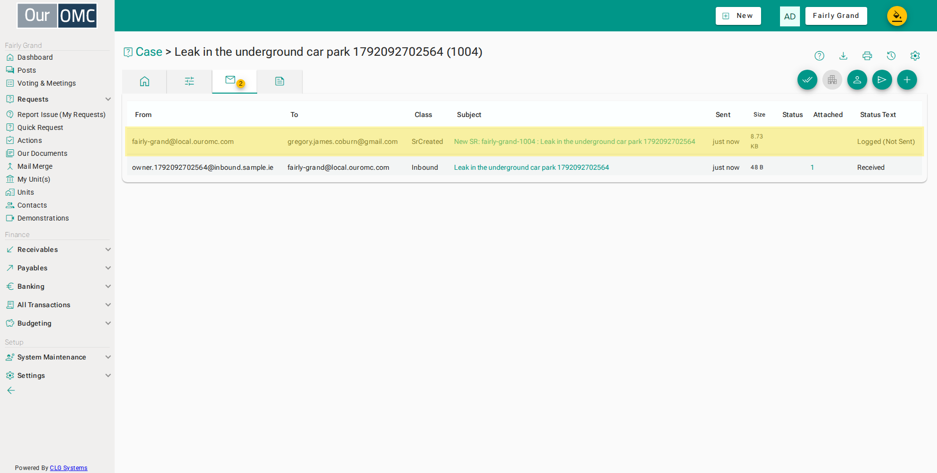 An automated acknowledgement (class SrCreated) was also sent to the requestor