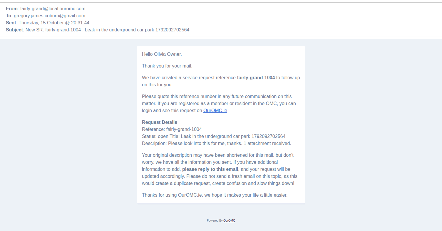 The automated acknowledgement opens, showing the message the system sent to confirm the request was received
