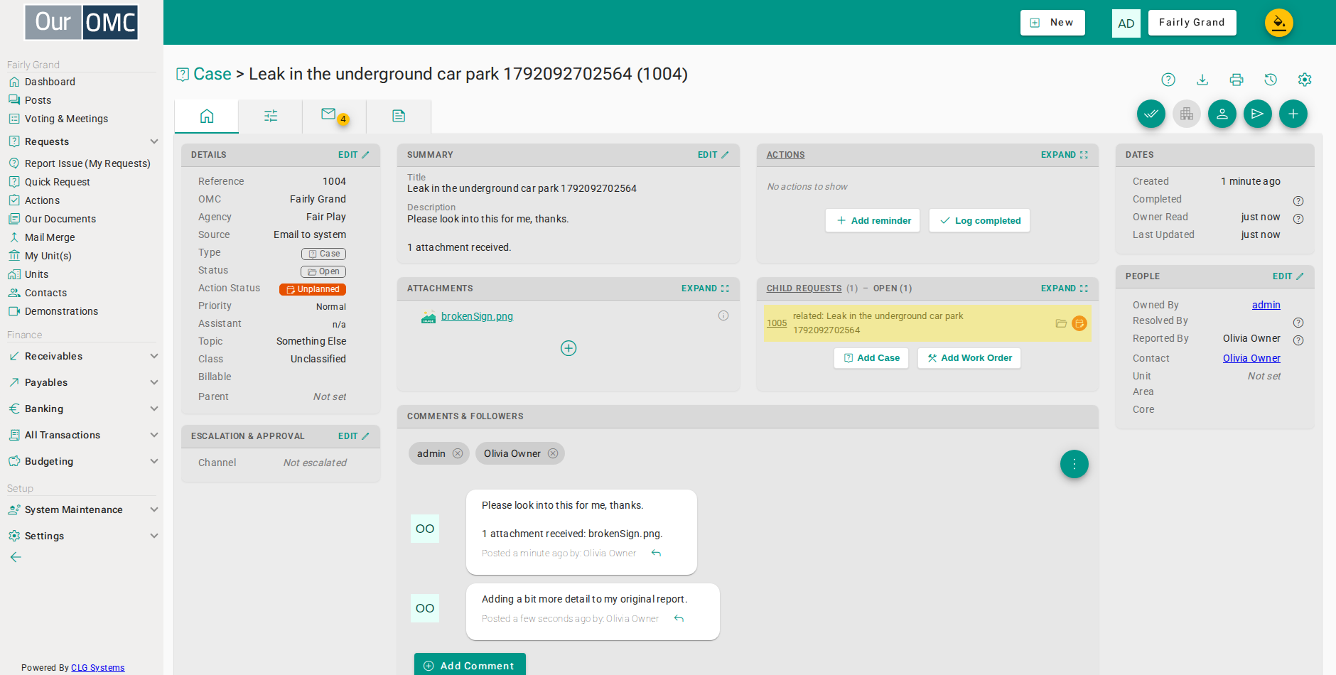The newly created related request is listed here, linked back to the original