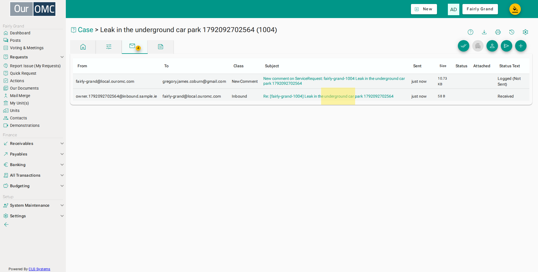 The reply is recorded as another inbound mail on the same request