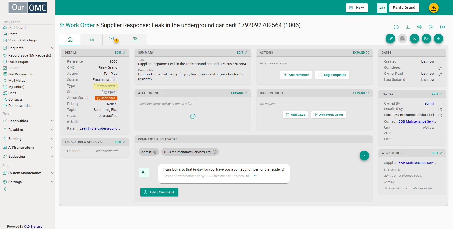 The request type is Work Order — the system recognised the sender as a known supplier