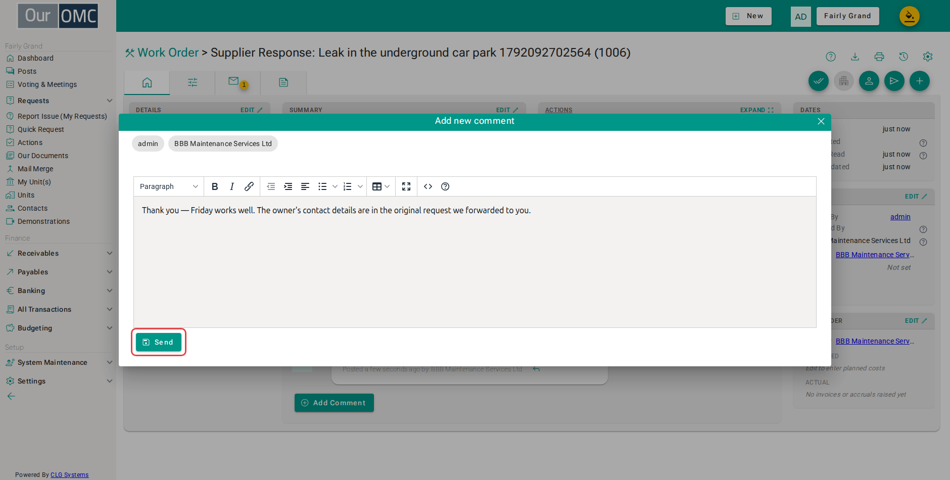Click Send to post the reply on this request