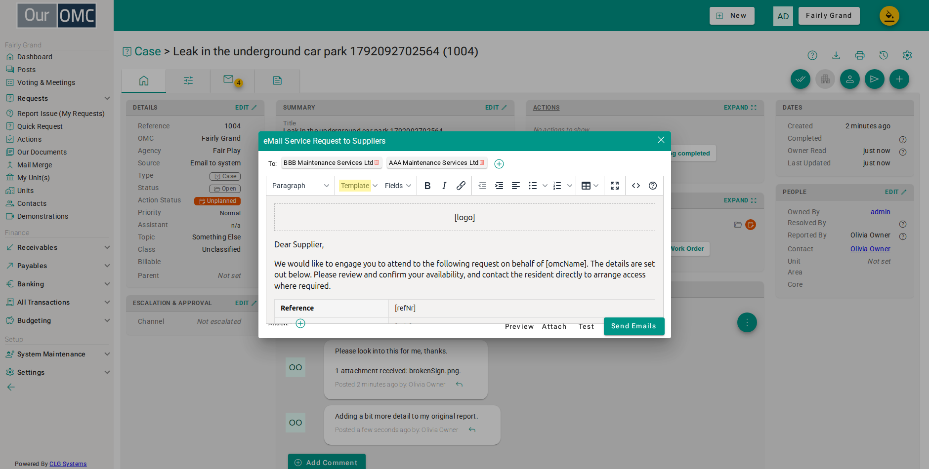 Click the Template button in the mail editor and choose the Supplier Request template