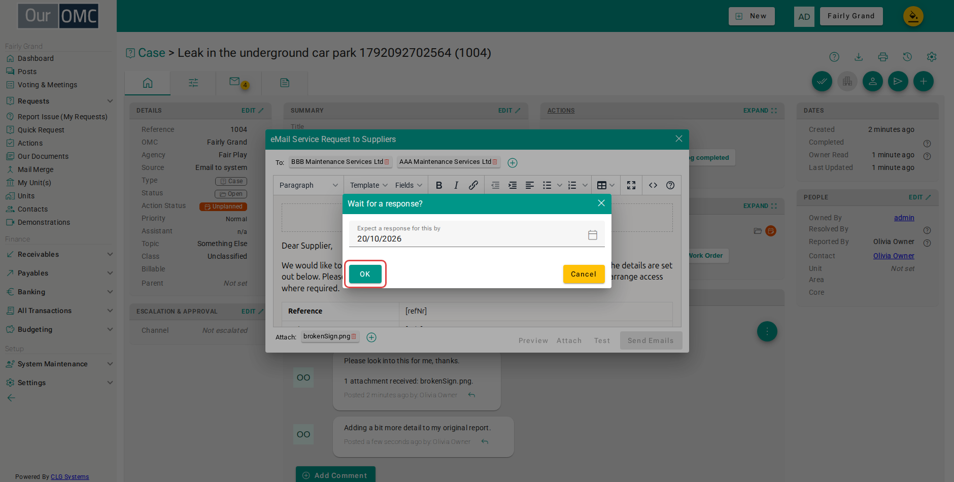 Click OK to raise a "Check for response" action for that date