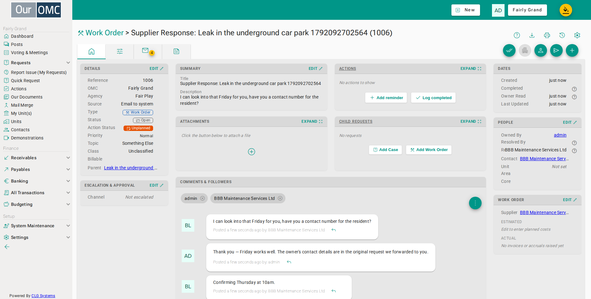 The same supplier replying on the request already assigned to them is logged as an update, not another child.