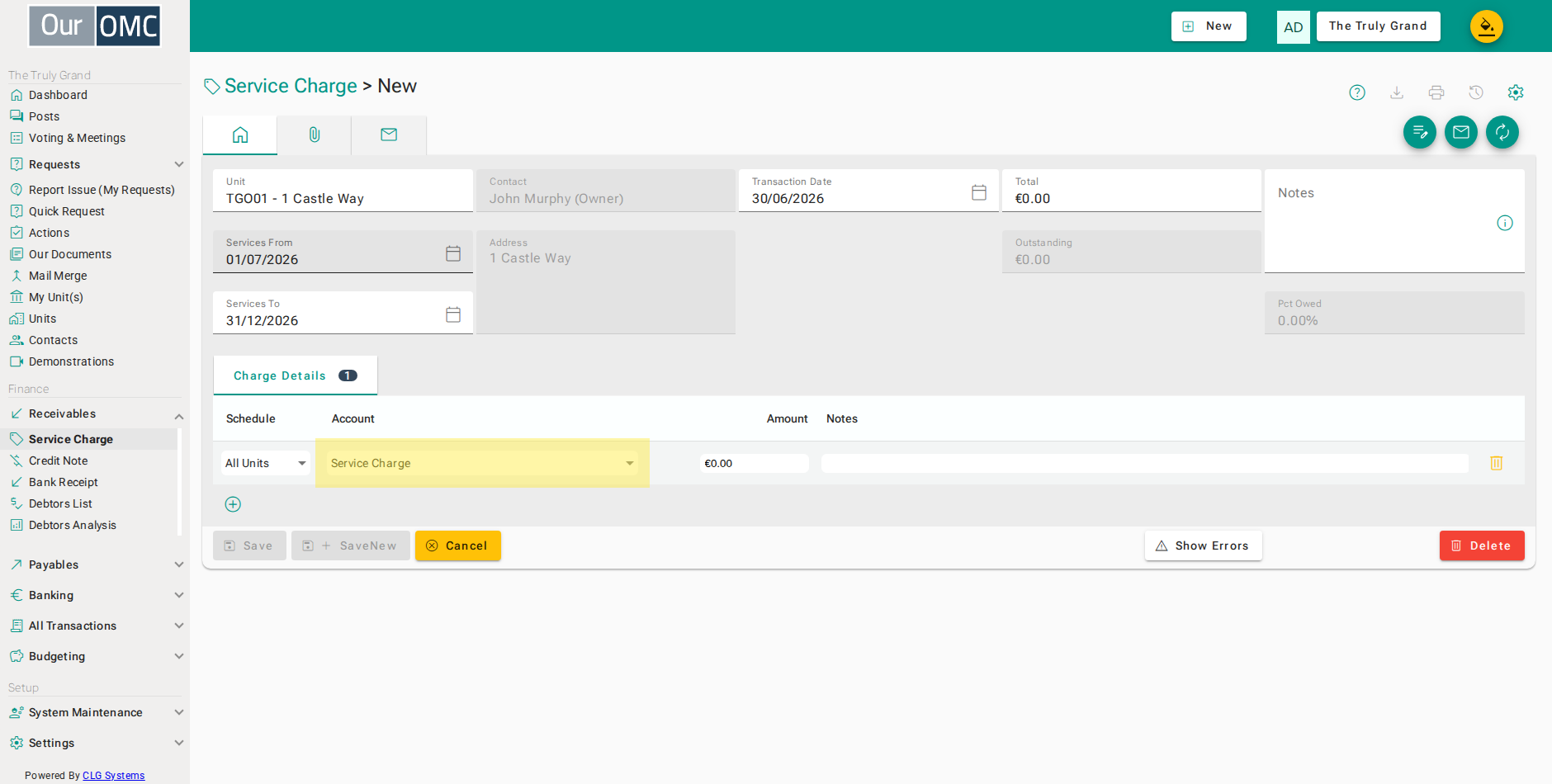 A new charge starts with a line for each schedule, with the schedule and its income code already filled in
