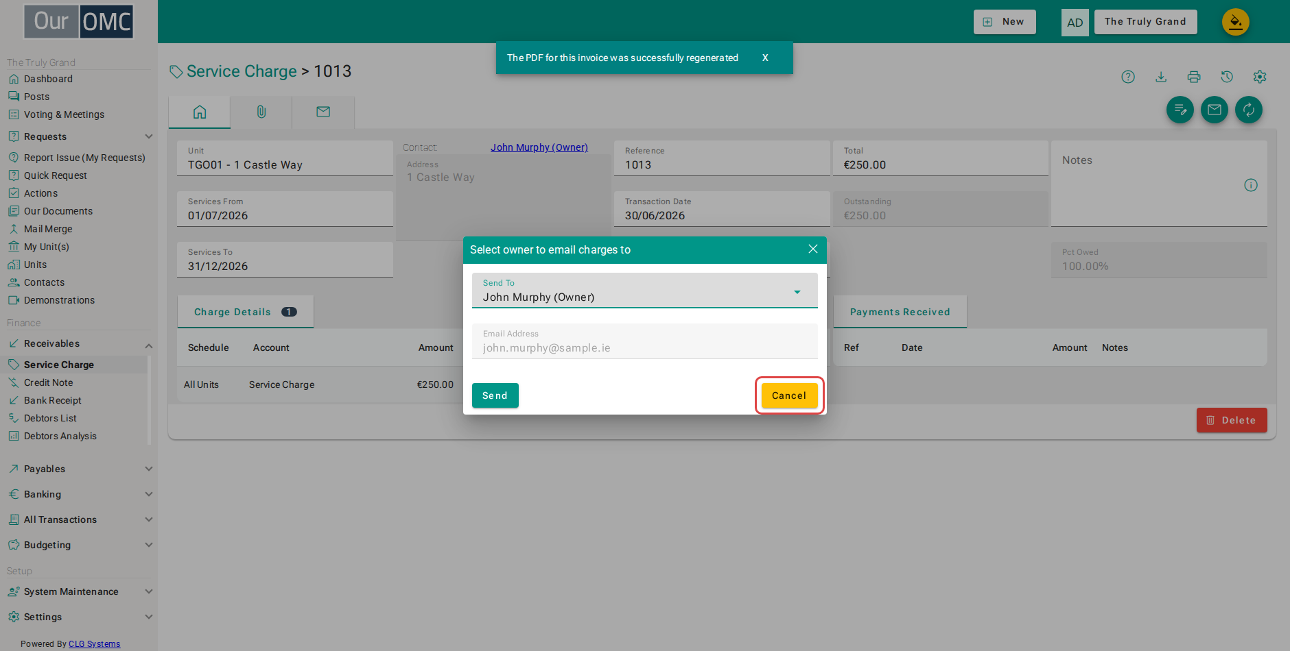 Close without sending - the owner can be emailed later from the same charge
