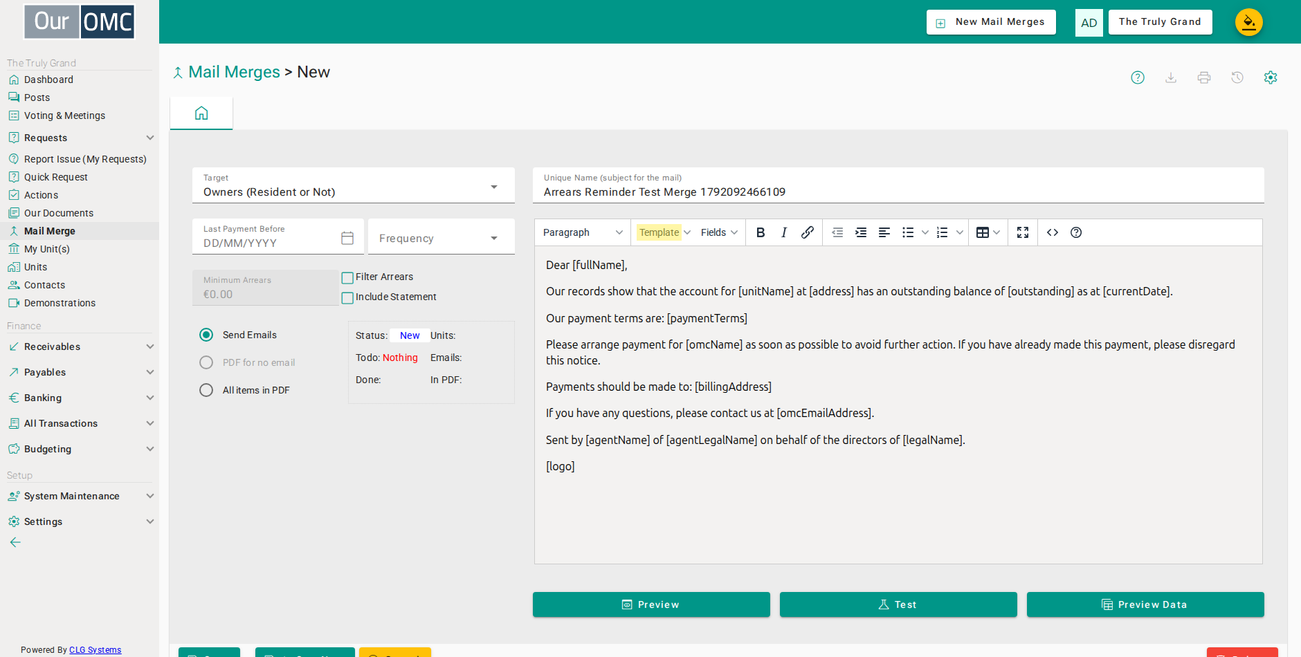 Choose the Arrears Reminder template, which already has every available placeholder filled in